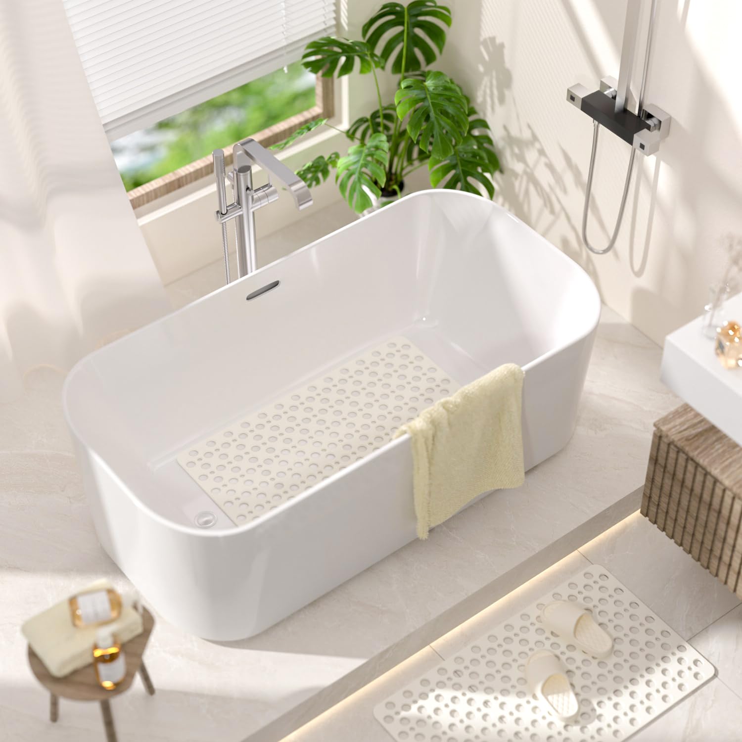 HITSLAM Tapis de Baignoire Antidérapant, 70 x 38 cm Tapis de Douche sans BPA, Résistant aux Moisissures & Lavable en Machine Tapis de Bain Antidérapant, Drainage Efficace et Facile à Nettoyer, Blanc