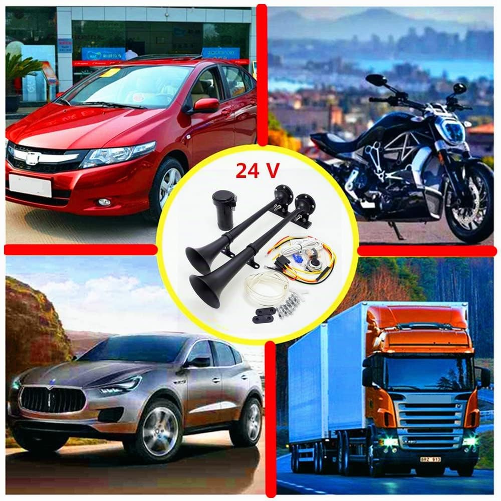 Clacson per auto 160db Car Horn 24V Tromba d'aria per auto nero zinco cromato doppio tubo tromba per camion Clacson elettrico clacson di allarme con pompa d'aria per 24V auto SUV camion ecc