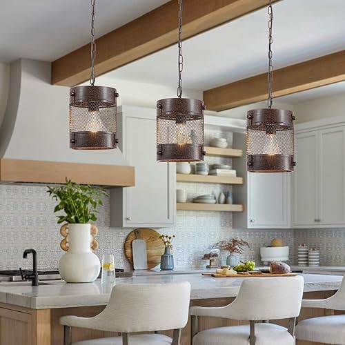 Miniatura 8 de Lámpara colgante de granja, lámpara colgante de jaula redonda de 1 luz, lámpara de araña de metal ajustable para isla de cocina, jaula industrial