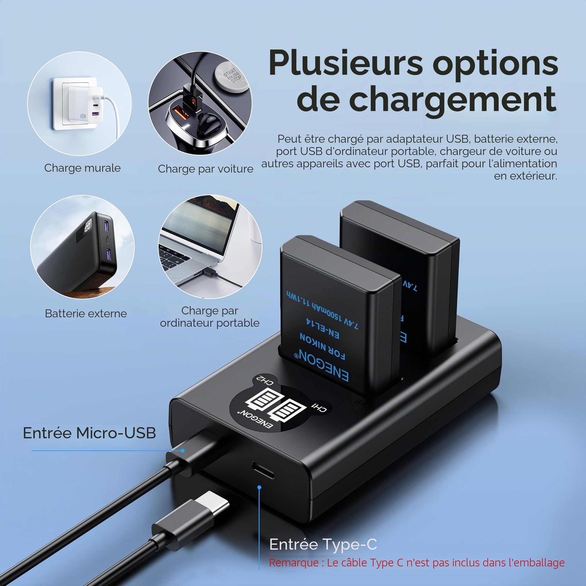 ENEGON EN-EL14/EL14a Batterie de Rechange (2 pièces) et Chargeur Smart LED Dual USB pour Nikon EN-EL14/EN-EL14a, DSLR D5300, D5600, D5100, D5200, D3100, D3200, D3300, D3400, D3500, DF