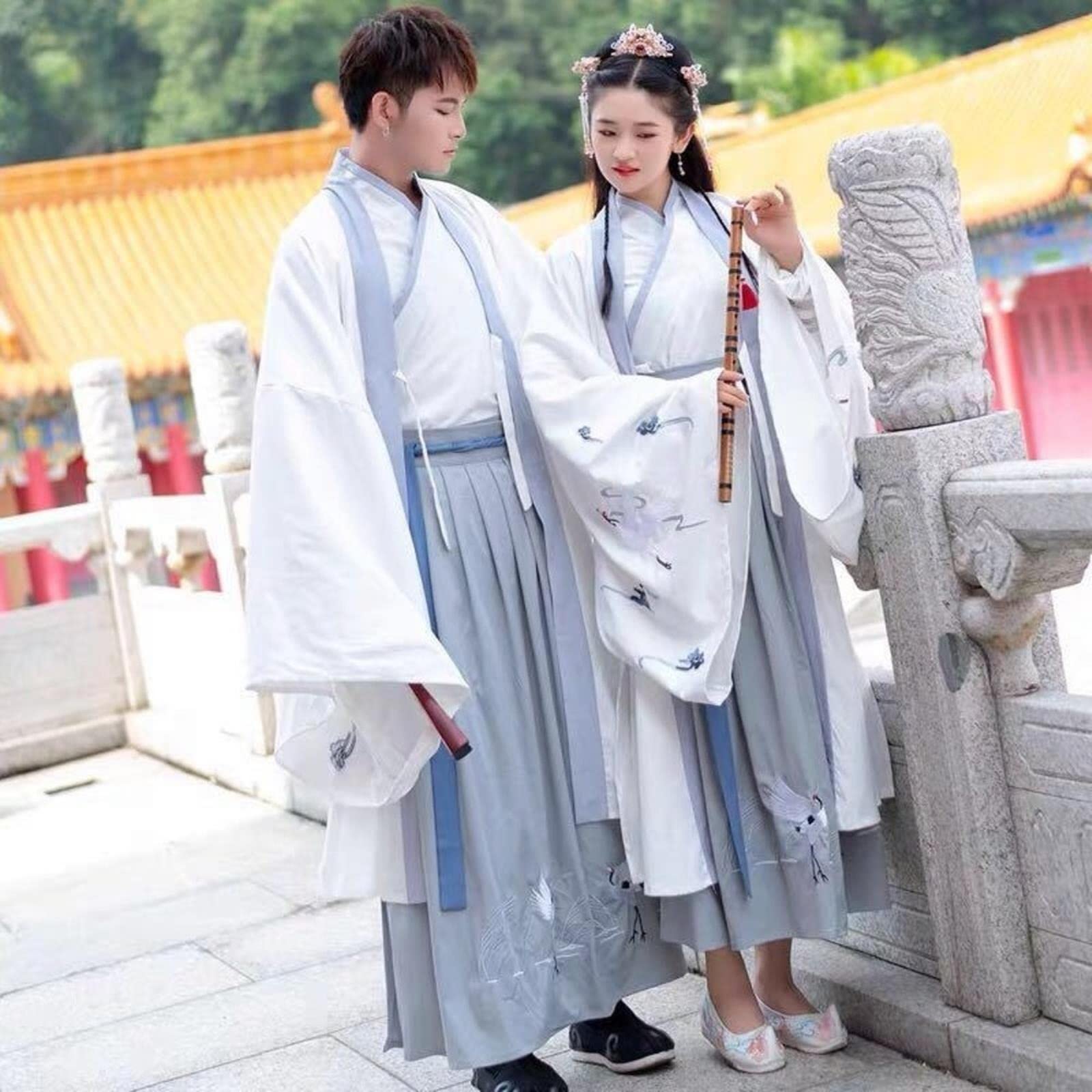 Cinese Antica Ricamo Tradizionale Hanfu Uomini & Donne Giacca Bianca Grigio Imposta Cosplay Costume Hanfu Vestito Per Le Coppie Plus Size