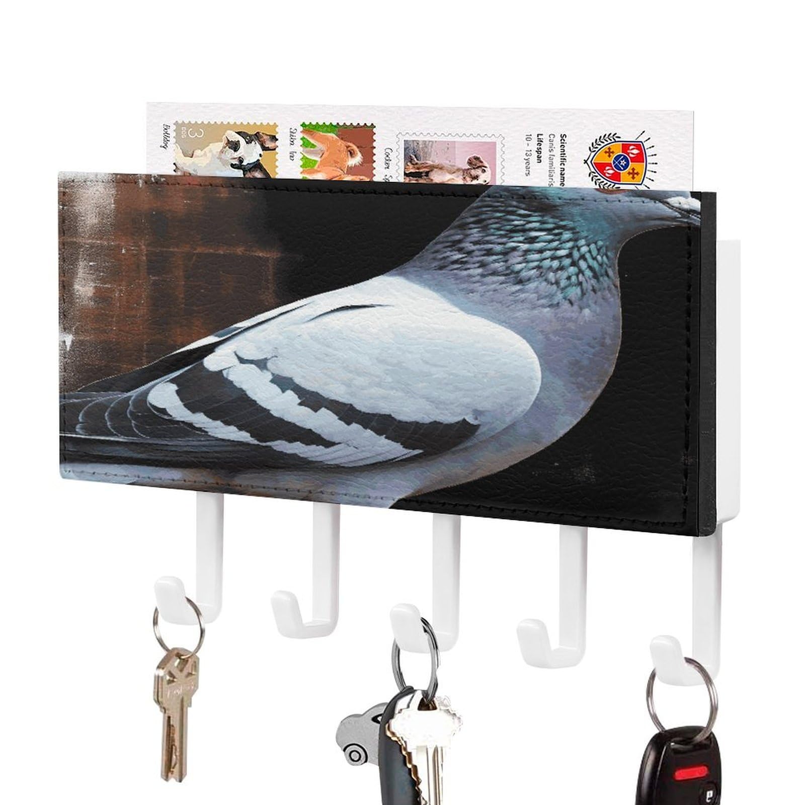 JTREHY Pigeon Key Holder Wall Mount Decorative Key and Mail Holder PU Leather Adhesive Key Organizer Hanging Key Hooks Wall Shelf with 5 Hooks for Entryway Hallway Office