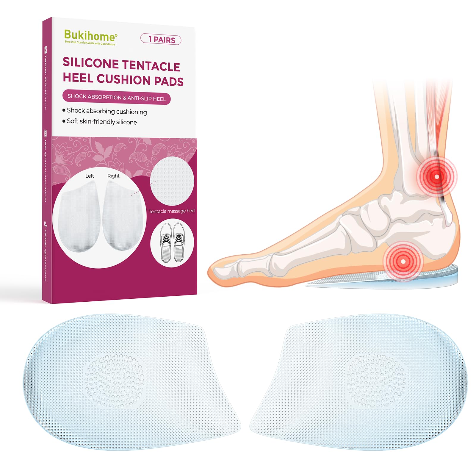 Soothing Massage Gel Heel Cups Inserts Achilles Tendonitis - Bukihome Soft Heel Cushions Pads for Plantar Fasciitis, Heel Pain Relief, Spurs, Shock Absorption Gel Pads Fit Most Shoes, Men Women (S)