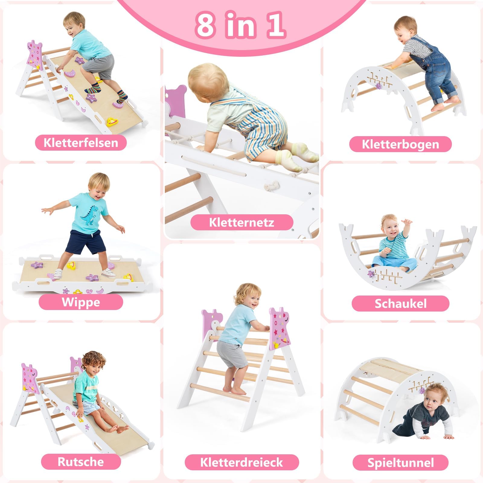 FANTASK Set di 4 telai da arrampicata 7 in 1 per interni, con scivolo, arco da arrampicata, rete, con rampa su entrambi i lati, set di mattoncini e 2 auto, unicorno, triangolo da arrampicata in legno