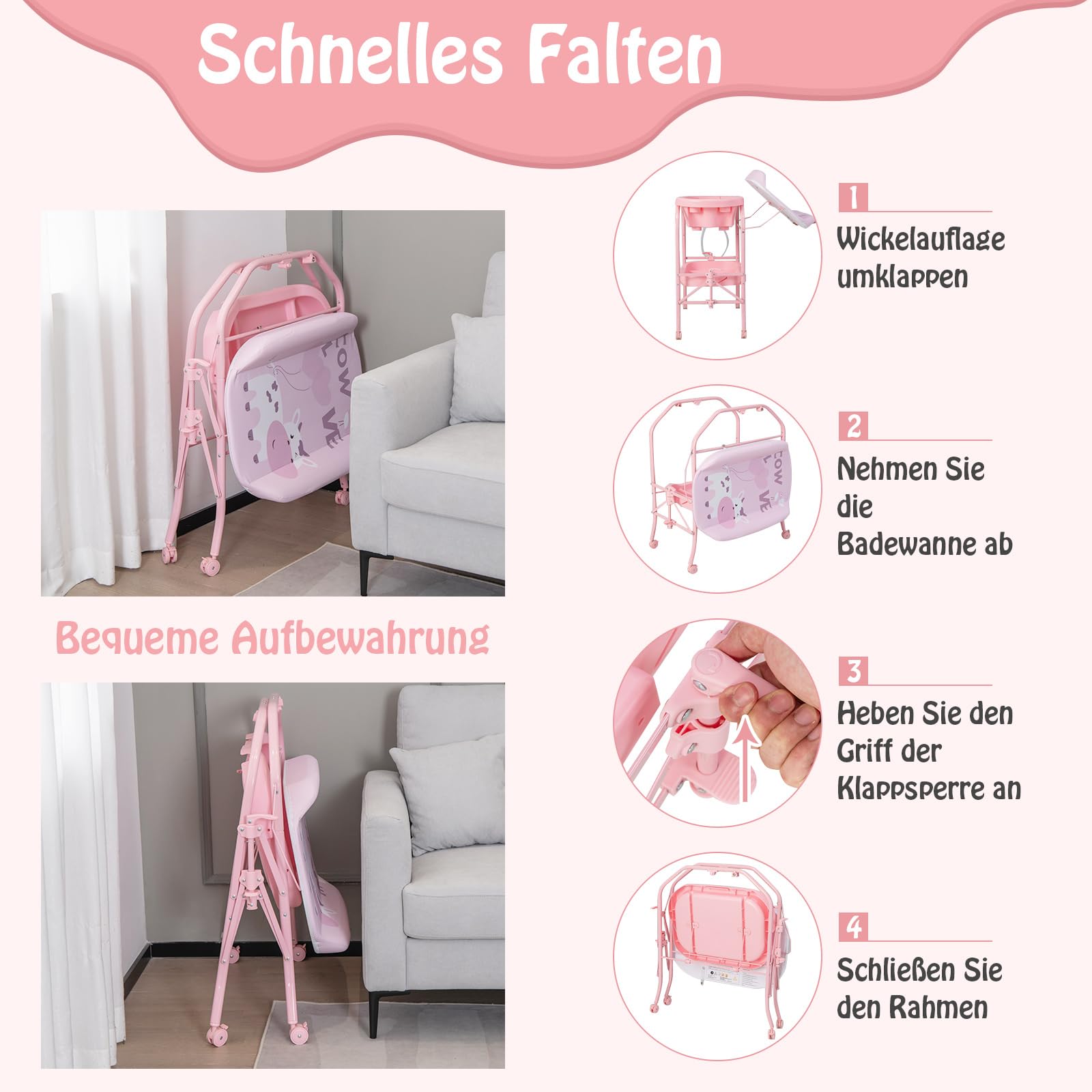 GOPLUS Baby Badewanne faltbar, Klappbarer Baby-Windeltisch mit Ablagefach, Baby Tablett mit Rollen aus PP, PVC-Windeleinlagen, Räder mit Bremsen, Badetisch für 0-12 Monaten (Rosa)