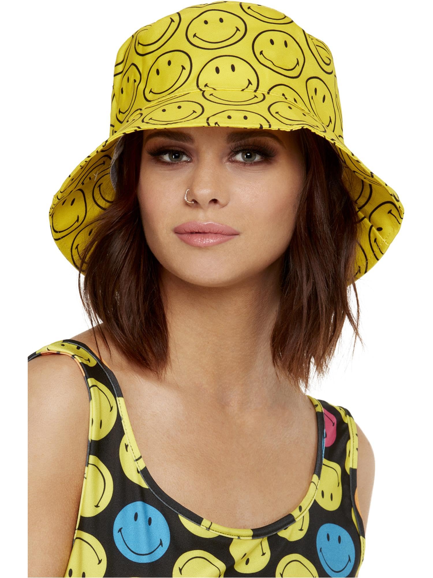 Smiffy's Smiffys Sombrero de pescador con estampado de emoji sonriente , Amarillo y negro