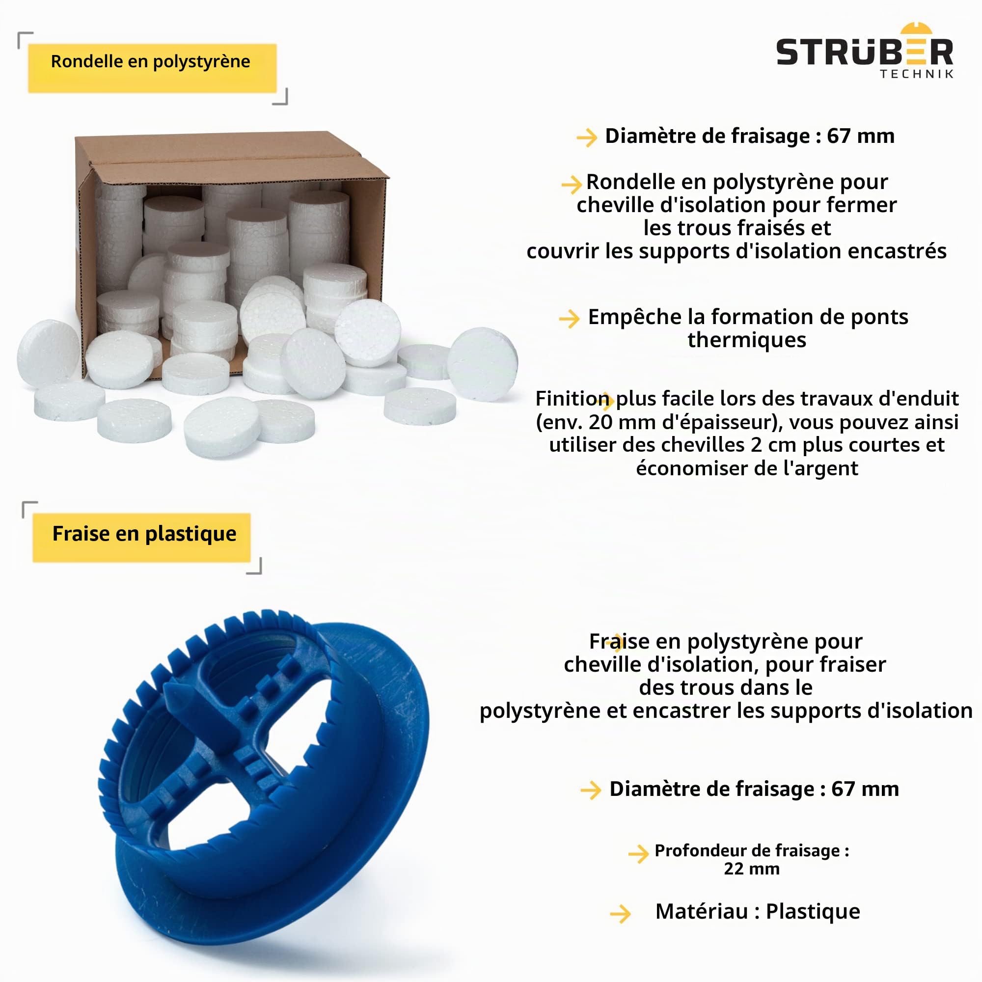 STRÜBER WDVS Lot de 100 chevilles isolantes avec clous en plastique Blanc Ø 10 x 70 mm