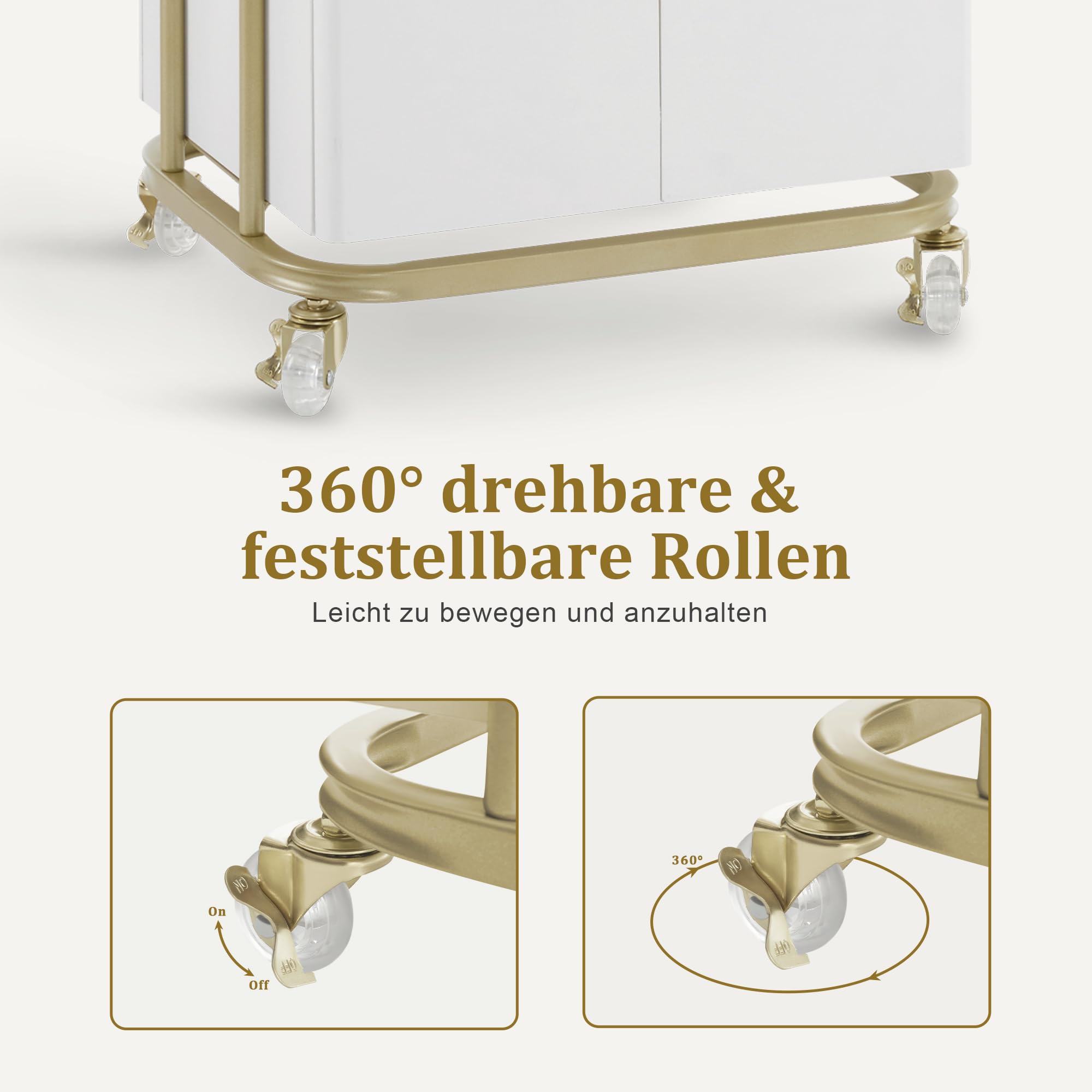 MCombo Carro de servicio con ruedas y cajón, carrito de peluquería blanco y dorado 36x50x87 cm