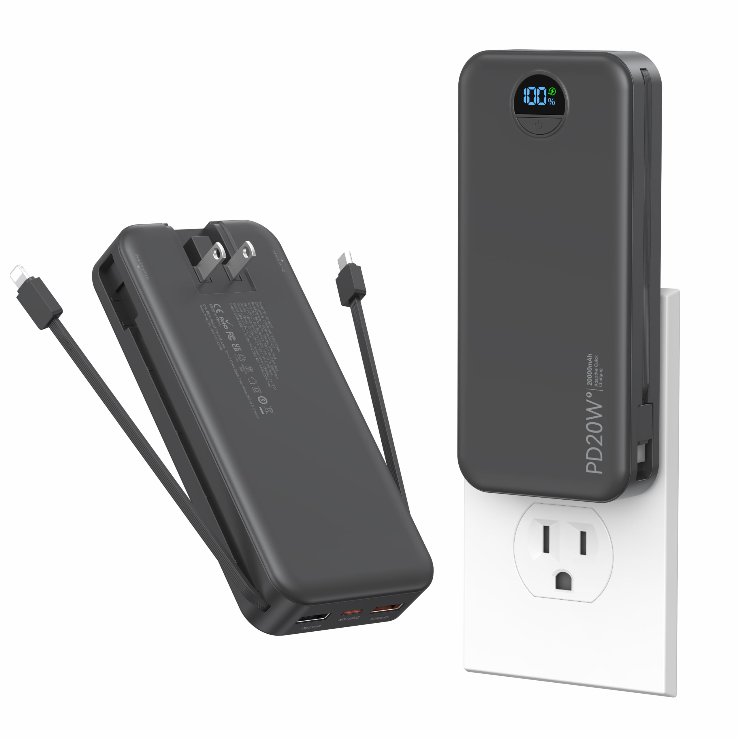 Ffnpua Portable Charger with Wall Plug, 20000mAh USB C Fast Charging Power Bank, External Battery Pack with Built in Cables, Digital Display, 5 Output 2 Input...