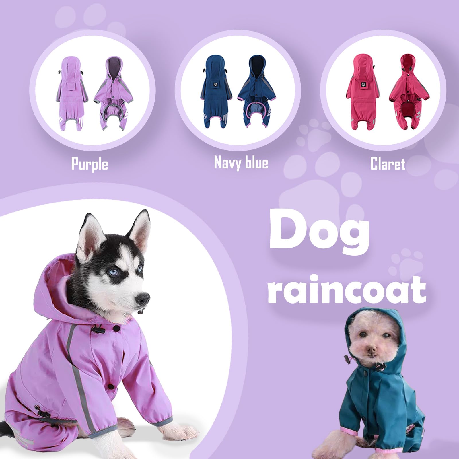 Puppy Dog Raincoat with Hat - Lightweight, Waterproof Jacket with Reflective Strip - Purple, XX-Large