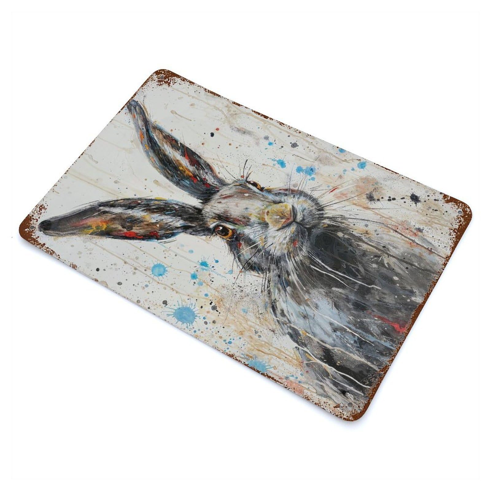 Rust Effect Splattered Hare Rusty Metal Tin Sign 11.8"x7.9", Rustic Home Decor for Living Room, Hallway And Home Decor
