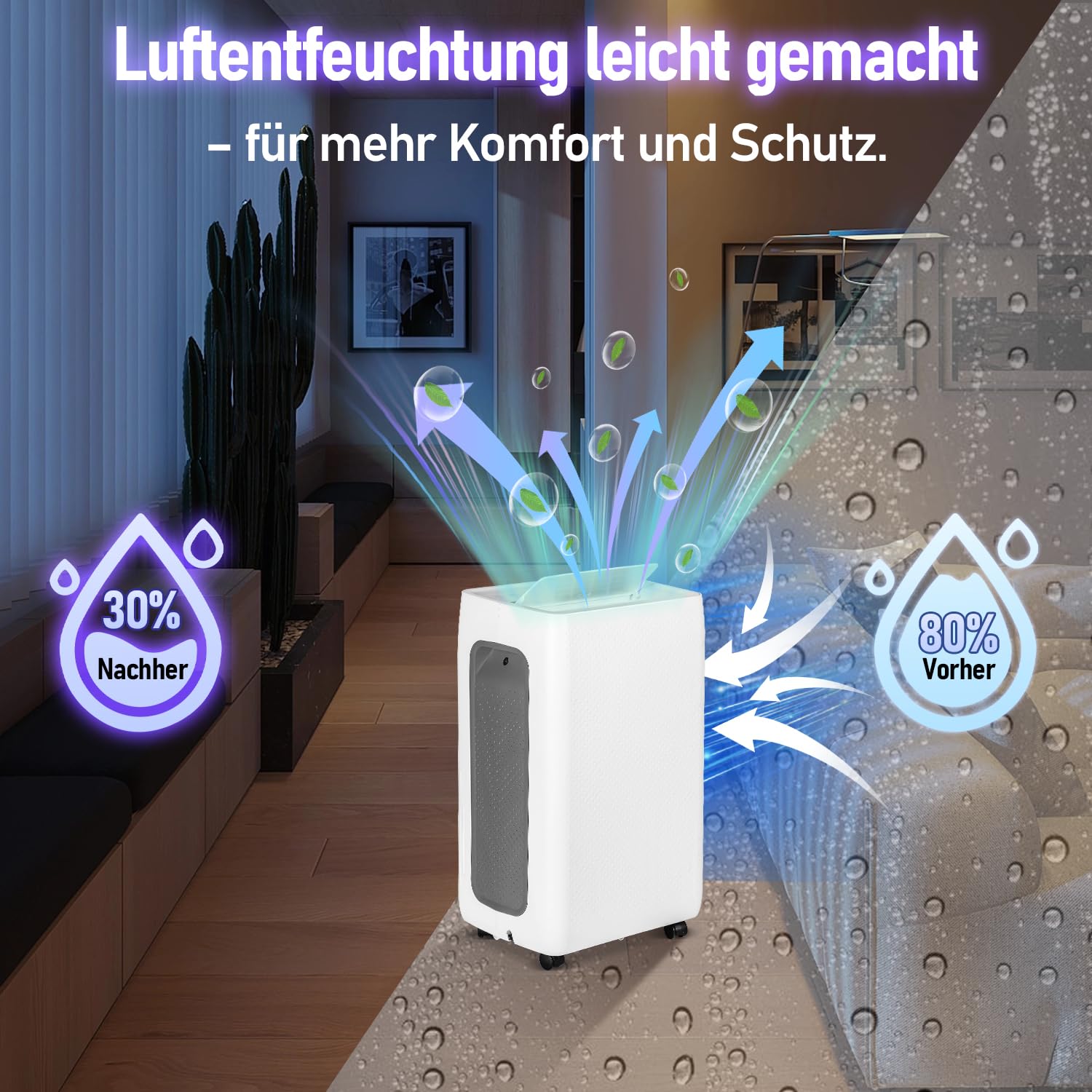 Osuszacz powietrza z wyświetlaczem LED, bardzo cichy, suszenie prania, timer, ochrona przed wilgocią, pleśnią, filtrowaniem powietrza (26 l)