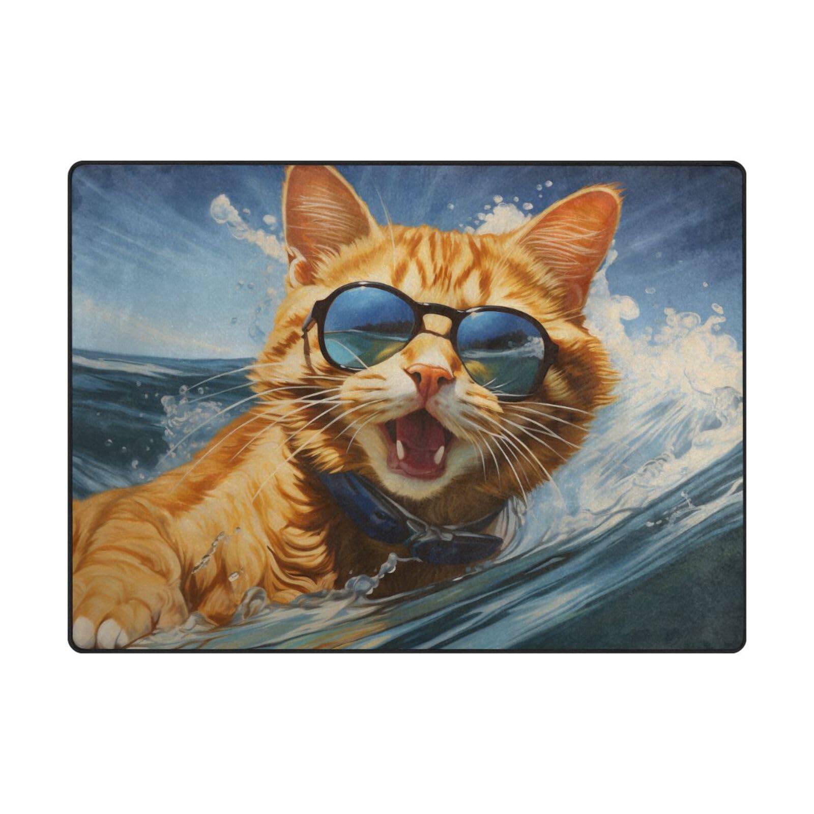 Grand tapis de sol moderne motif chat et vagues 203 x 147 cm pour salon et chambre