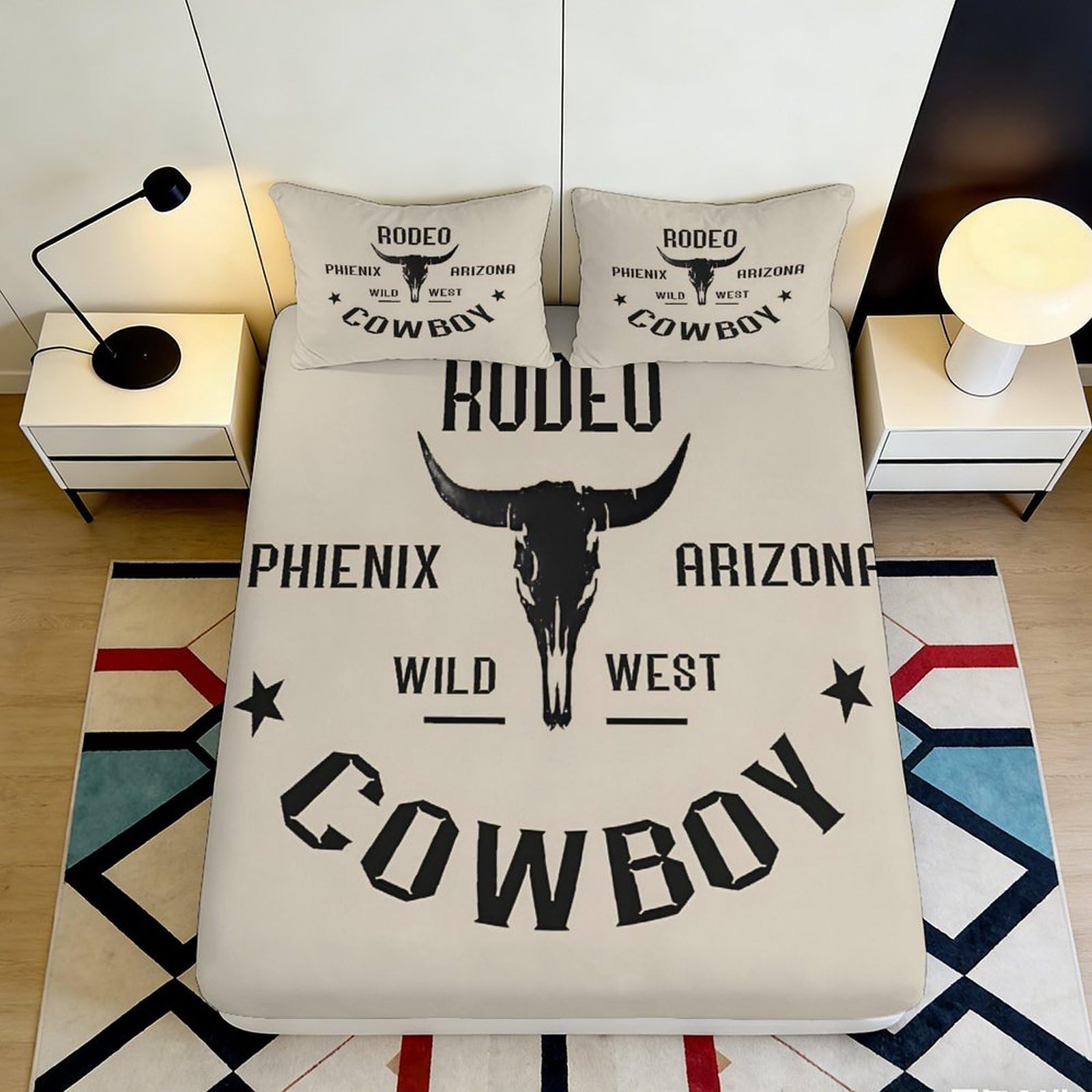 3D Printed Western Cowboy Fitted Sheet Microfiber Non-Slip Deep Pocket Bull Skull Mattress Fitted Cover for Bedroom Bedding 90x200x25cm