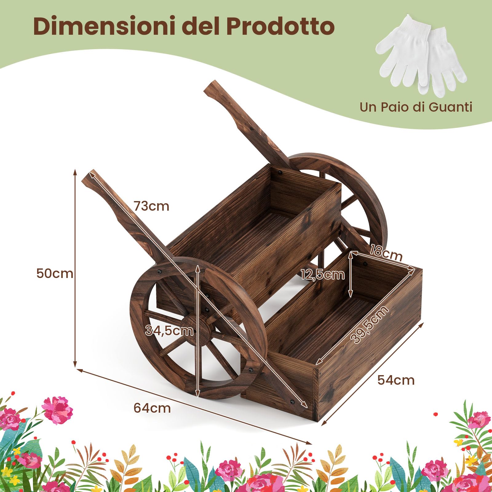 COSTWAY Fioriera Rialzata a 2 Livelli, Carretto di Legno con Fori di Drenaggio, Semi-Ruote e Guanti, per Verdure, Erbe Aromatiche, Fioriera da Interno ed Esterno per Patio, Giardino e Balcone