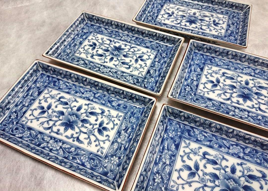 青花 皿揃 5枚セット 有田焼 青花 しん窯 異人 オーバル皿 小判プレート 5