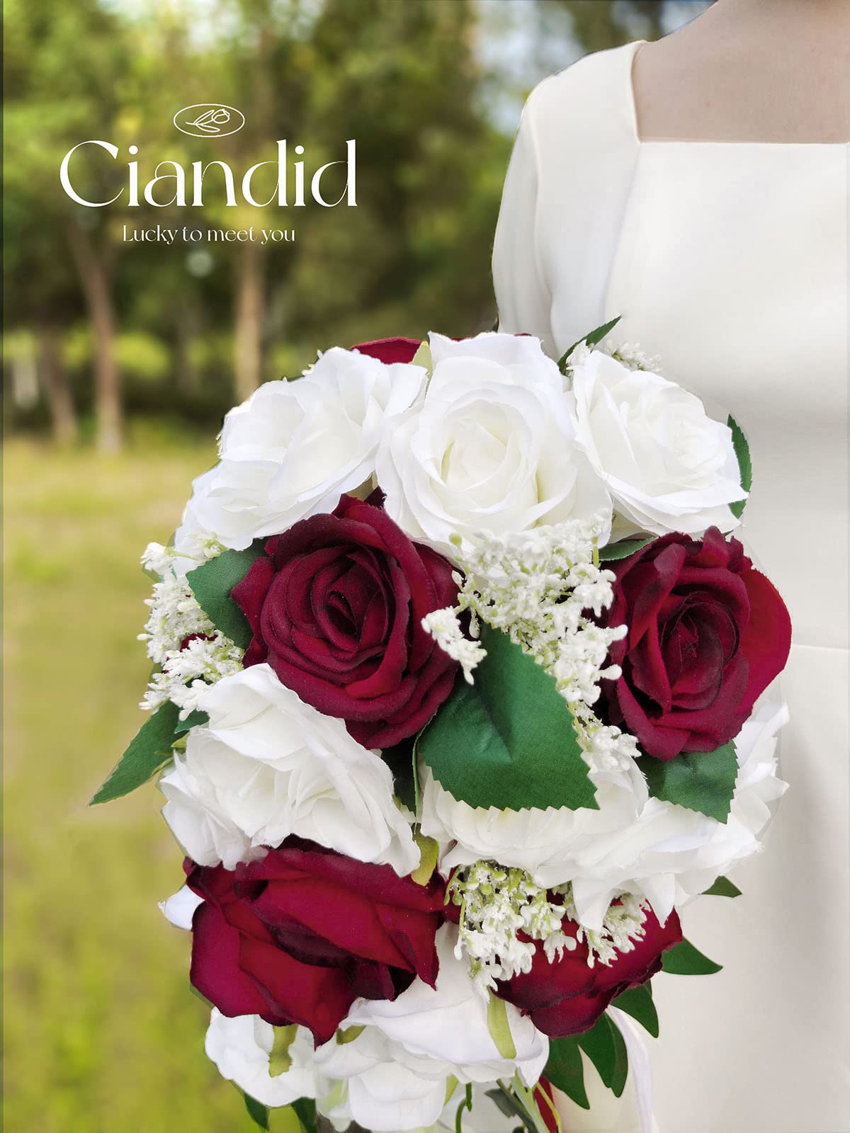 Ciandid Ramo de Novia en Cascada, Rosas Blancas y Burdeos con Cintas, Ramo de Boda Artificial para Novia, Flores de Cascada para Ceremonia de Boda, Aniversario, Ramo de Decoraciones