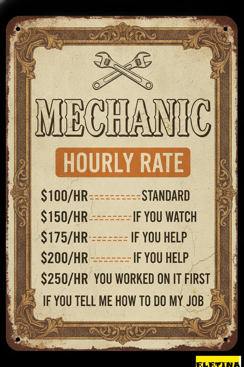 Personalized Sign for Man Cave Mechanic Hourly Rate Vintage Metal - Rusty Style Garage Wall Decor, Cafe, Bar, Shop & Home - 8x12inch Tin Reproduction Private Property Decorative