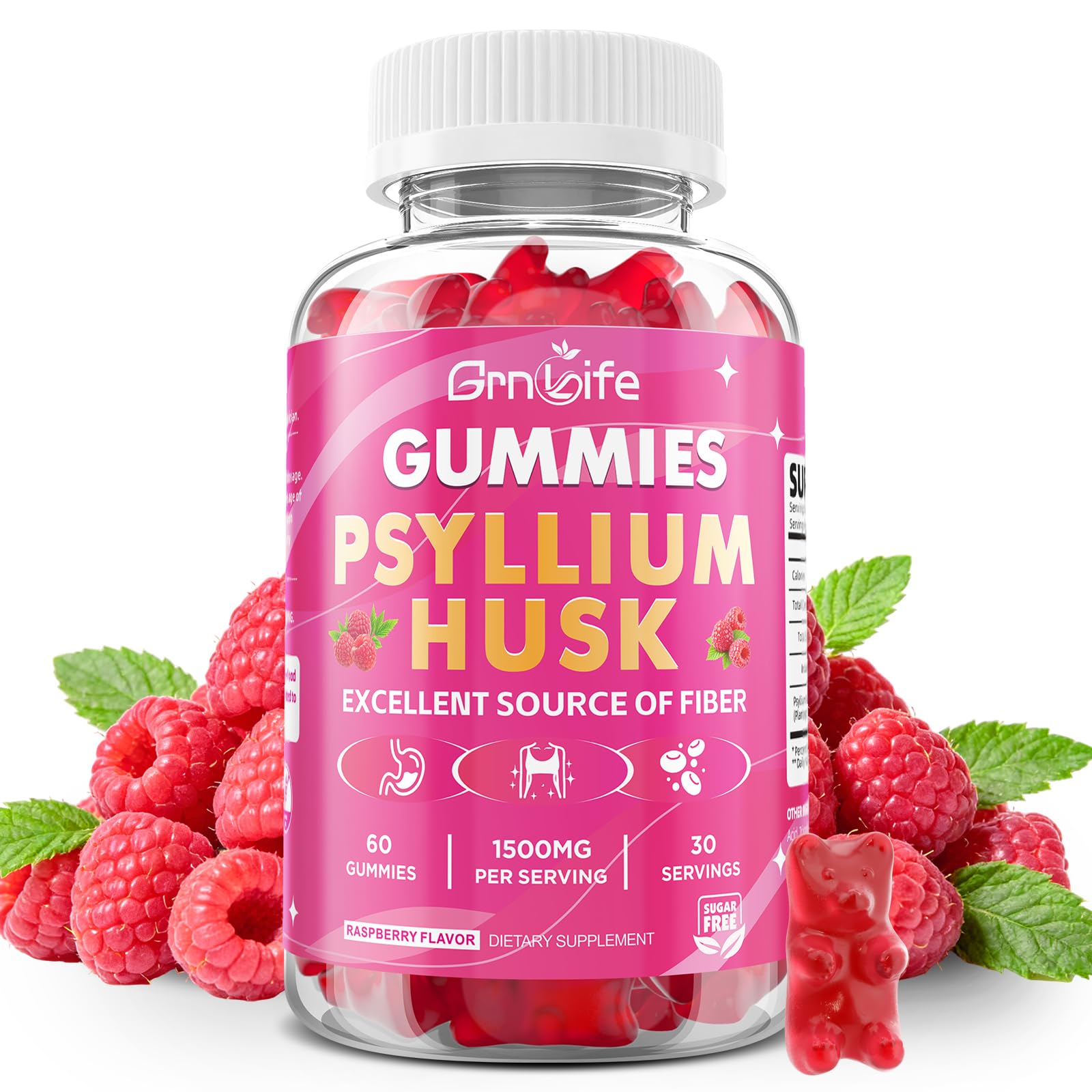 Psyllium Gummies, 1500mg Psyllium Husk Supplement for Gut & Digestive Health, Regularity, Vegan, Sugar Free, Raspberry Flavor, 60 Count 60 Count (Pack of 1)