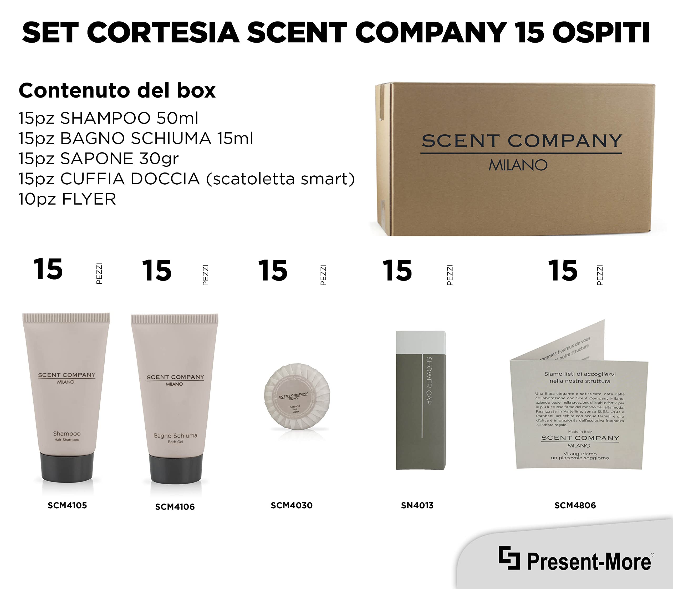 Present-More Amenities Kit Scent Company Milano - Toilettenartikel 15 Gäste für Hotels und B&B | Amenities Kit mit Duftnote Royal Amber