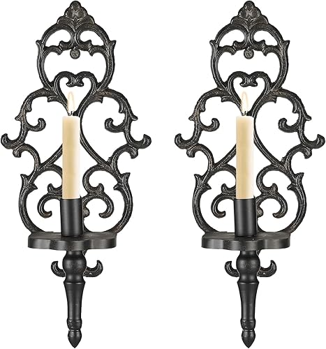 Juego de 2 candelabros de pared de hierro fundido, candelabros de metal para colgar en la pared, portavelas de desplazamiento vintage, decoración de