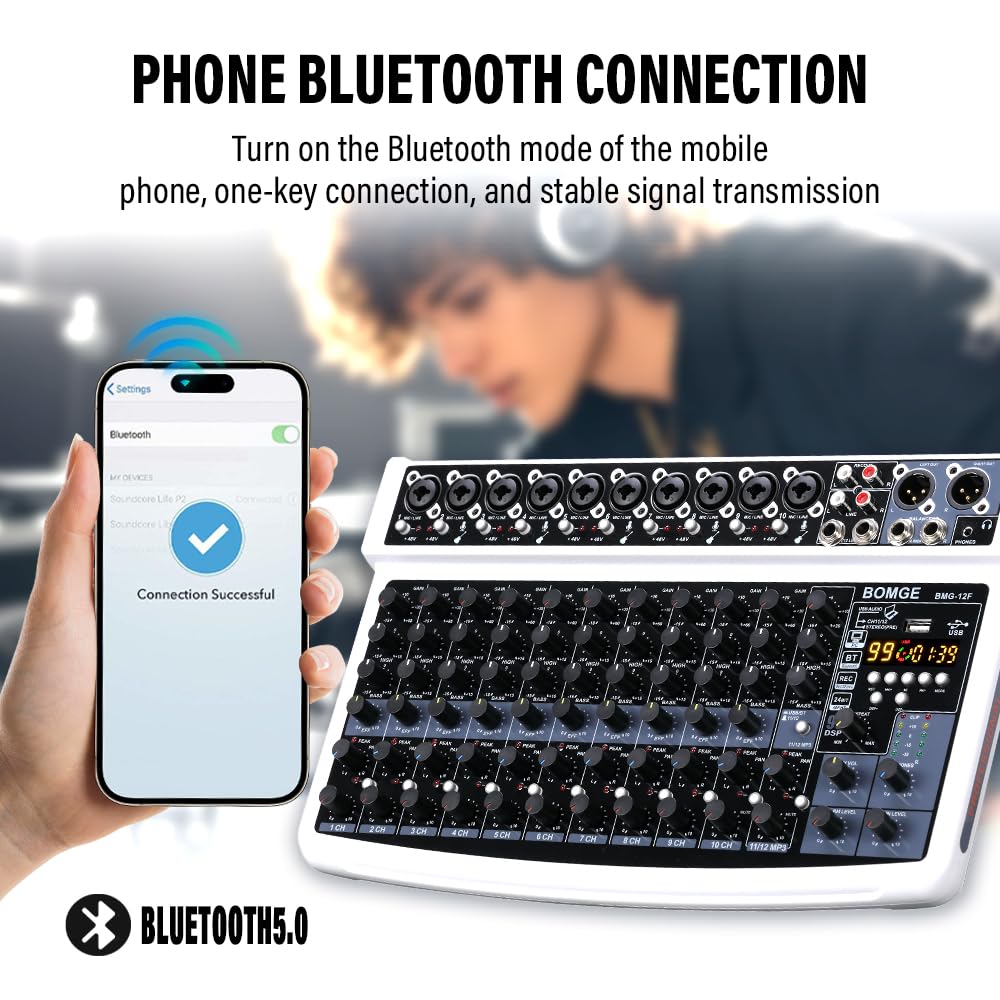 BOMGE Mixer Audio Professionale, 12 Canali, Bluetooth, USB, Alimentazione 48V, Ingressi XLR/RCA, Effetti DSP