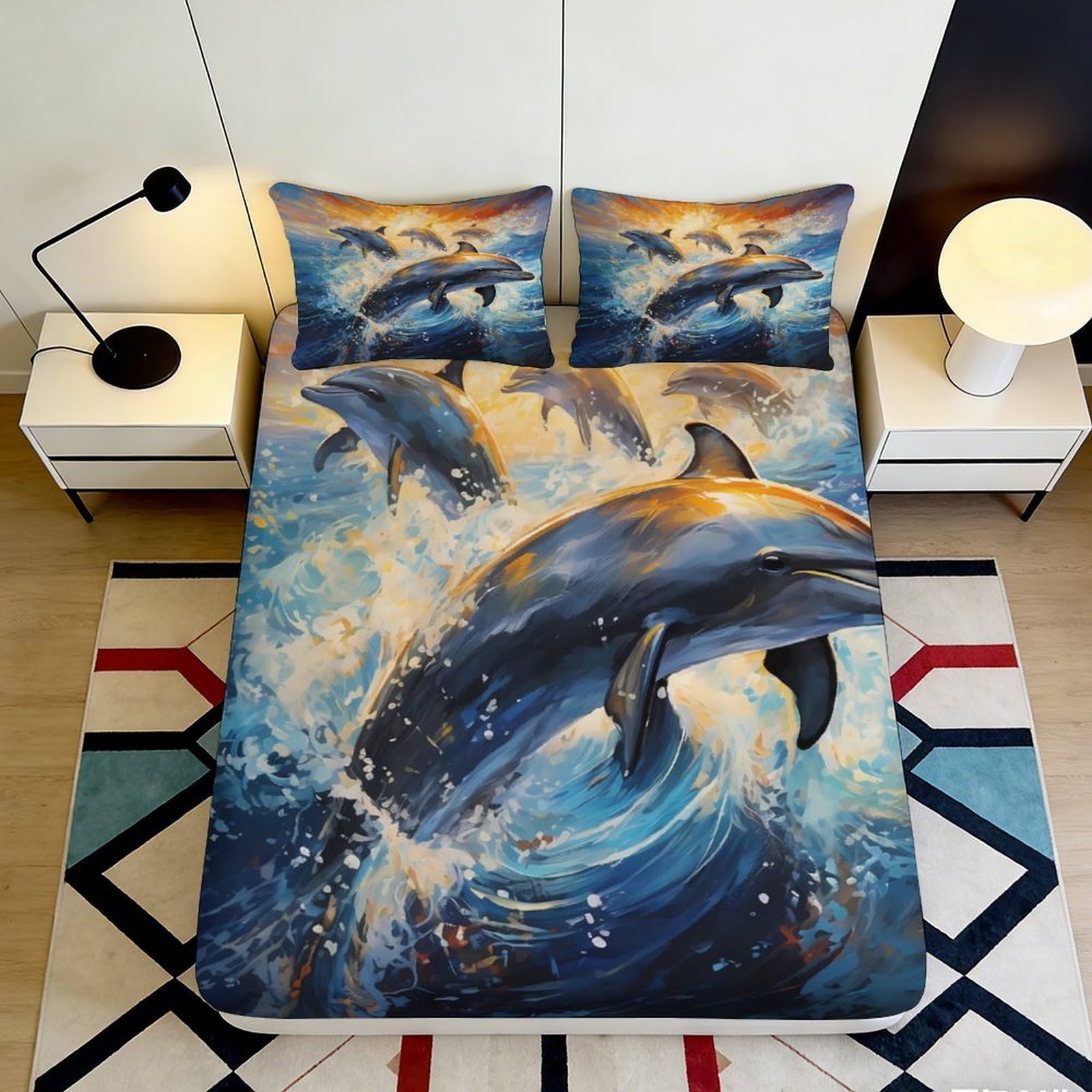 3D Printed Dolphin Ocean Fitted Sheet Microfiber Soft Breathable Sunset Wave Mattress Cover for Bedroom Guest Room Decor 120x200x25cm