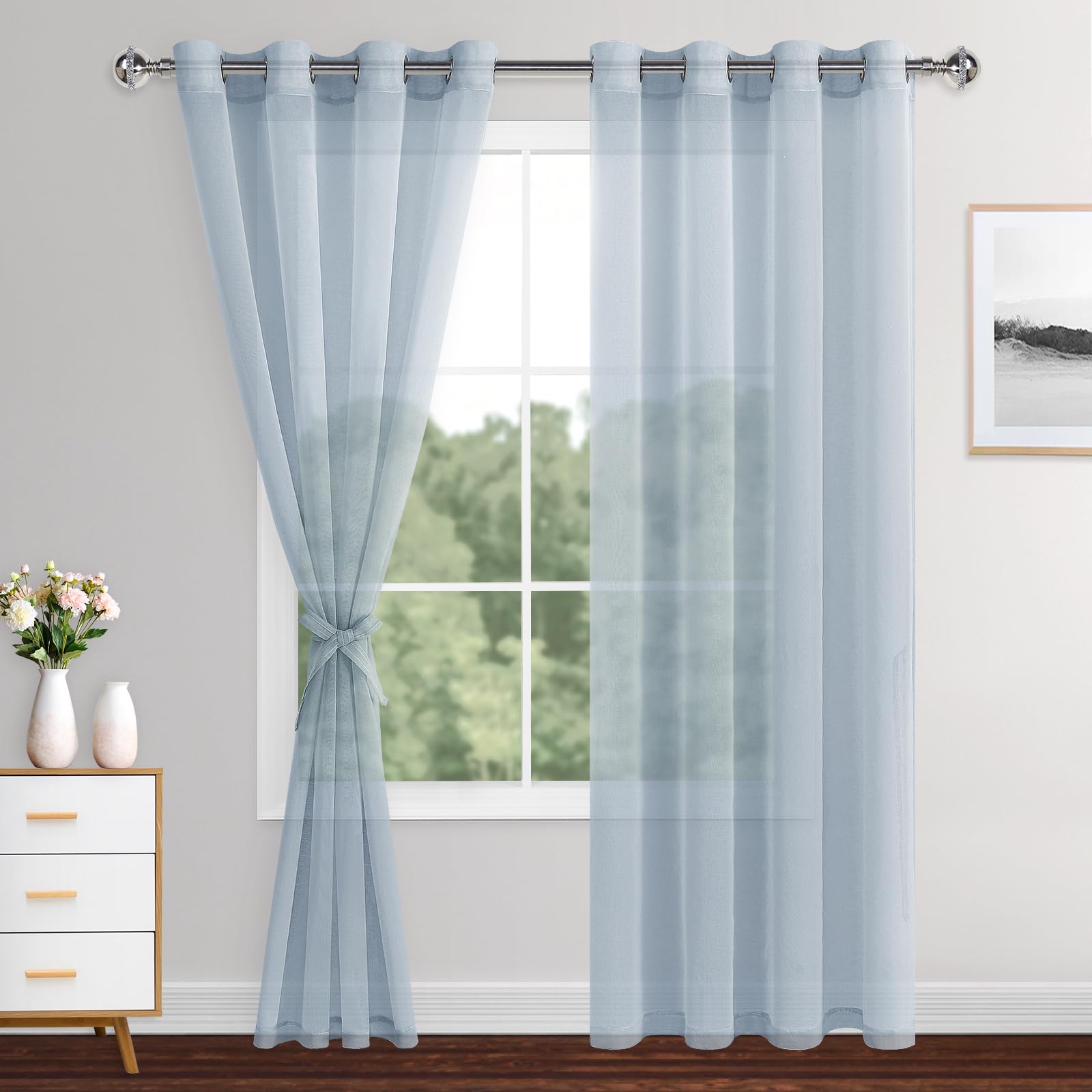 XWZO Sheer Curtains 2 Panels Linen Look Voile Curtains Semi Transparent Grommet Tieback Window Curtains for Bedroom,Light Filtering,Airy & Breathable Voile Drapes,Sky blue,W55*L90