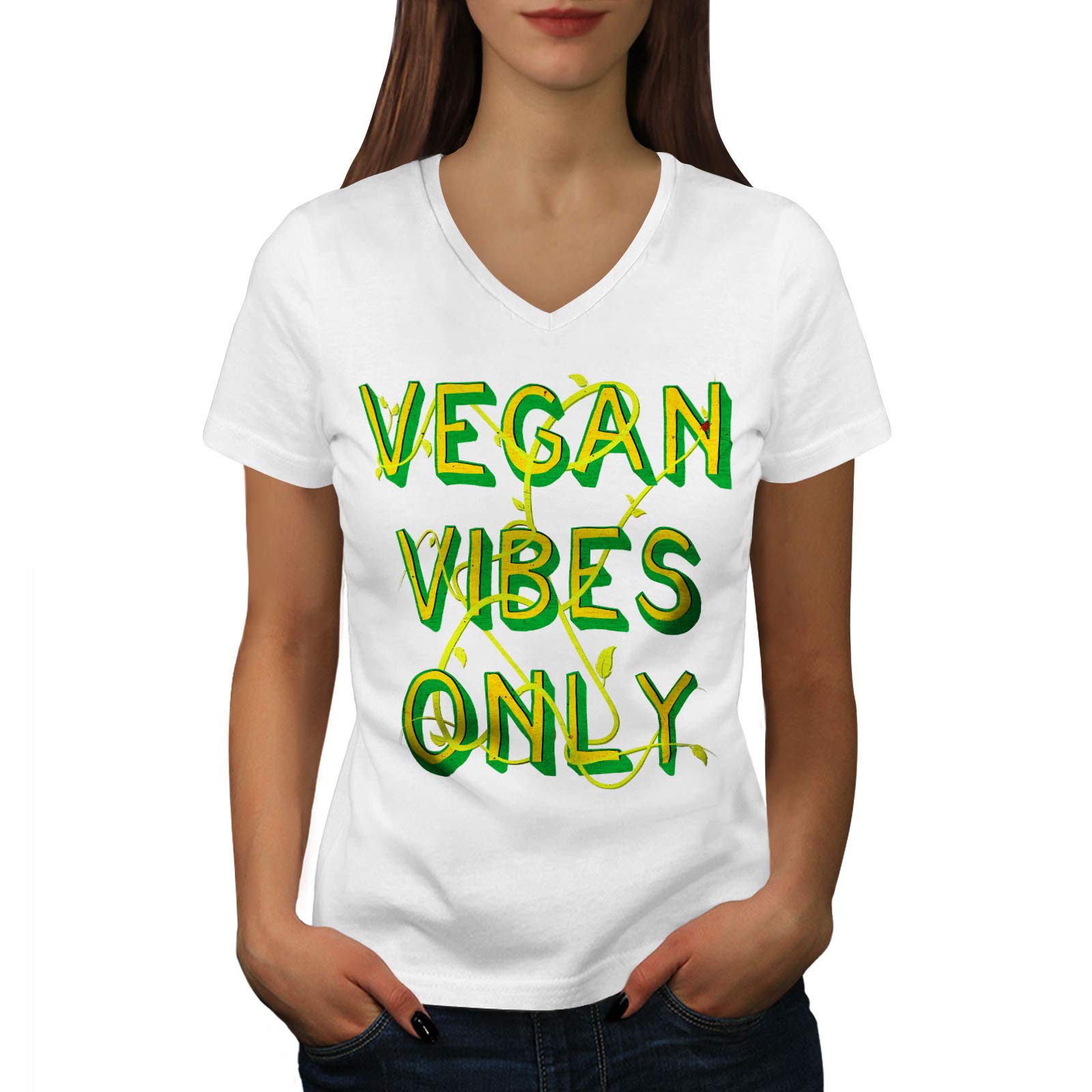 APSRA TRENDZVegan Vibes Only Mood Womens V-Neck T-Shirt, Casual Design Tee 8366