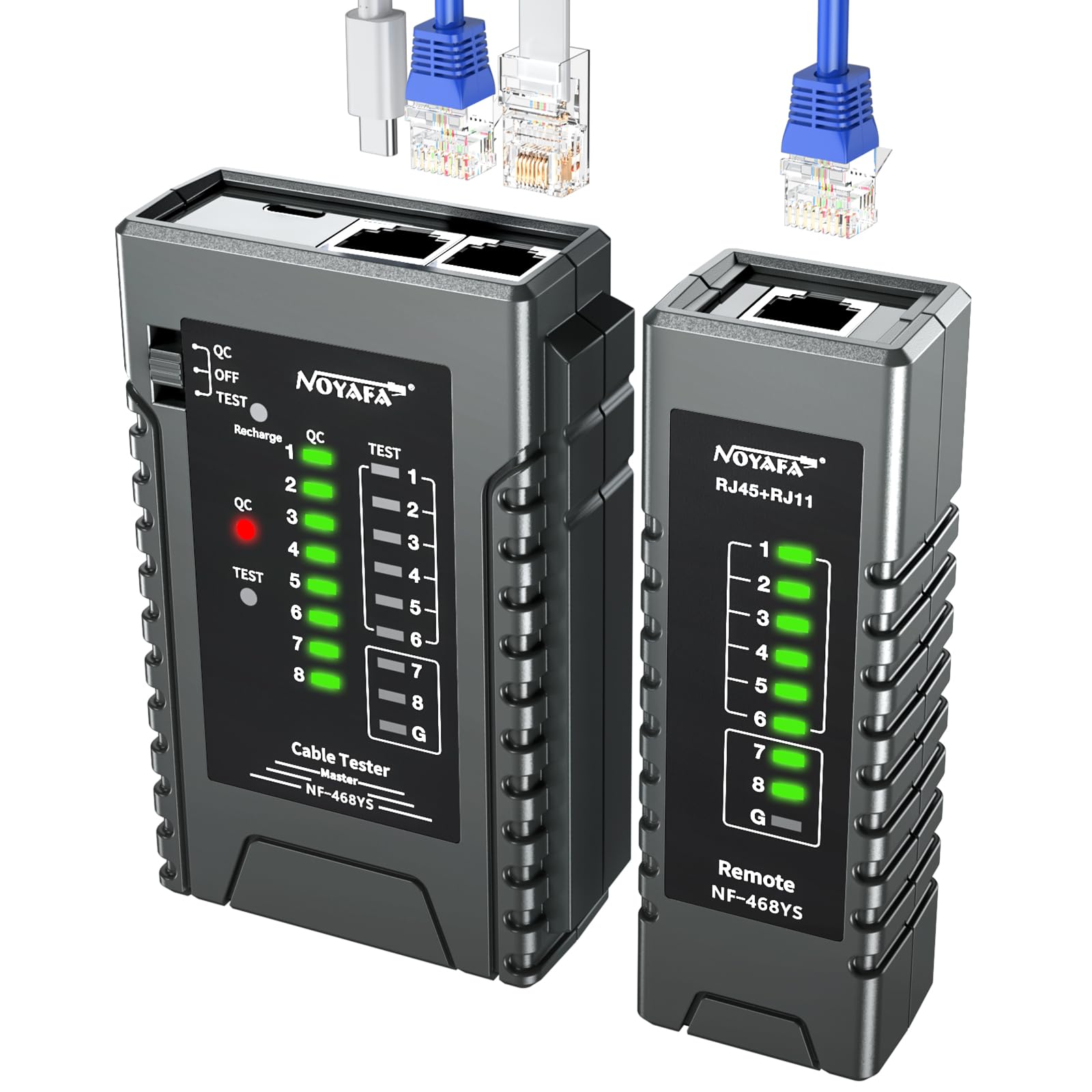 NOYAFA NF-468YS Testeur de câble réseau, testeur de câble Ethernet pour RJ11, RJ12, RJ45, CAT5, CAT6, CAT7, testeur de continuité, test PoE, vérificateur de câble UTP/STP, outil réseau LAN