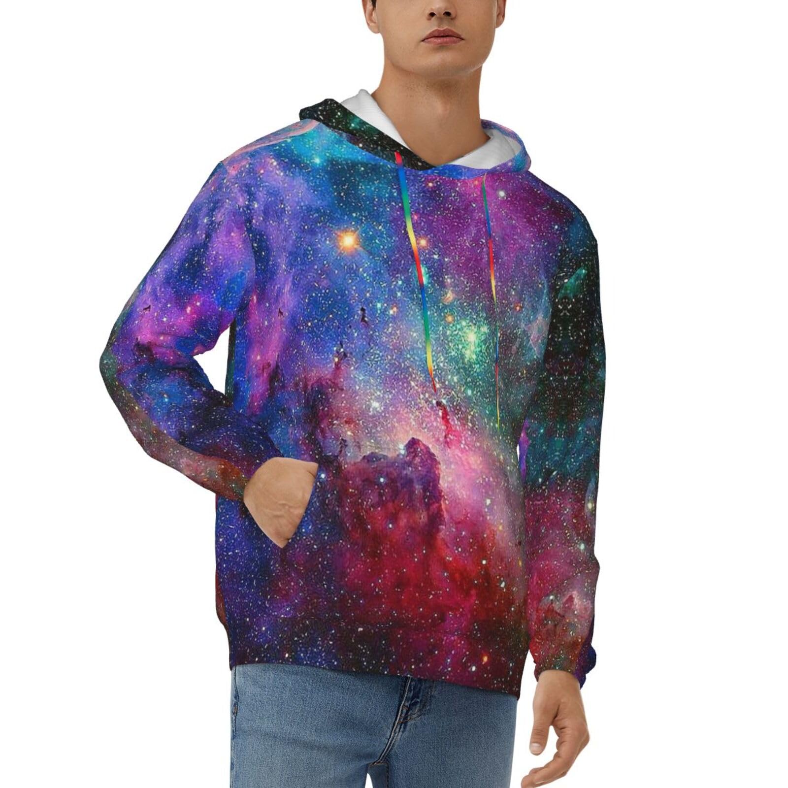 JUEXDEME Men'S Casual Pullover Hoodie Hooded Sweatshirt Colorful Galaxy Print Long Sleeve Colorful Drawstring Hoody Tops With Kanga Pockets