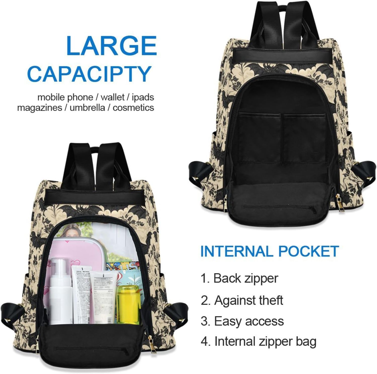 MNSRUU Goth Backpack Womens, Anti-Theft Womens Backpack Travel Handbags Shoulder Bag Bats and Flowers Vintage Carry On Ladies Rucksack Fashion Casual Daypack, Hairball Pendant - Image 6