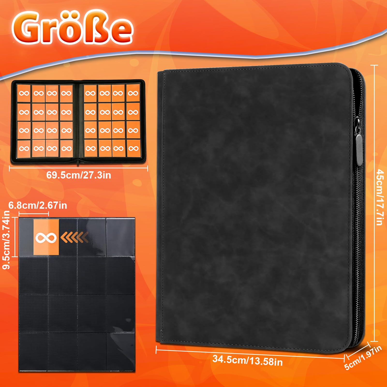 Álbum de recortes con 16 compartimentos, con cremallera, para 1024 tarjetas, álbum de recortes, carpeta grande, portátil, resistente al agua, para TCG, MTG, fútbol y tarjetas coleccionables (negro)