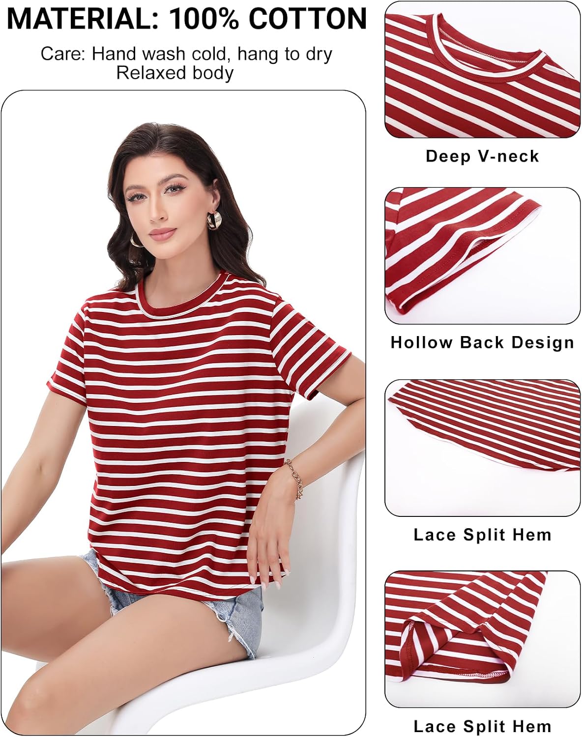 PEHMEA Women's Cotton Striped Short Sleeve T-Shirt - Soft Crew Neck Casual Summer Tops for Work Weekend