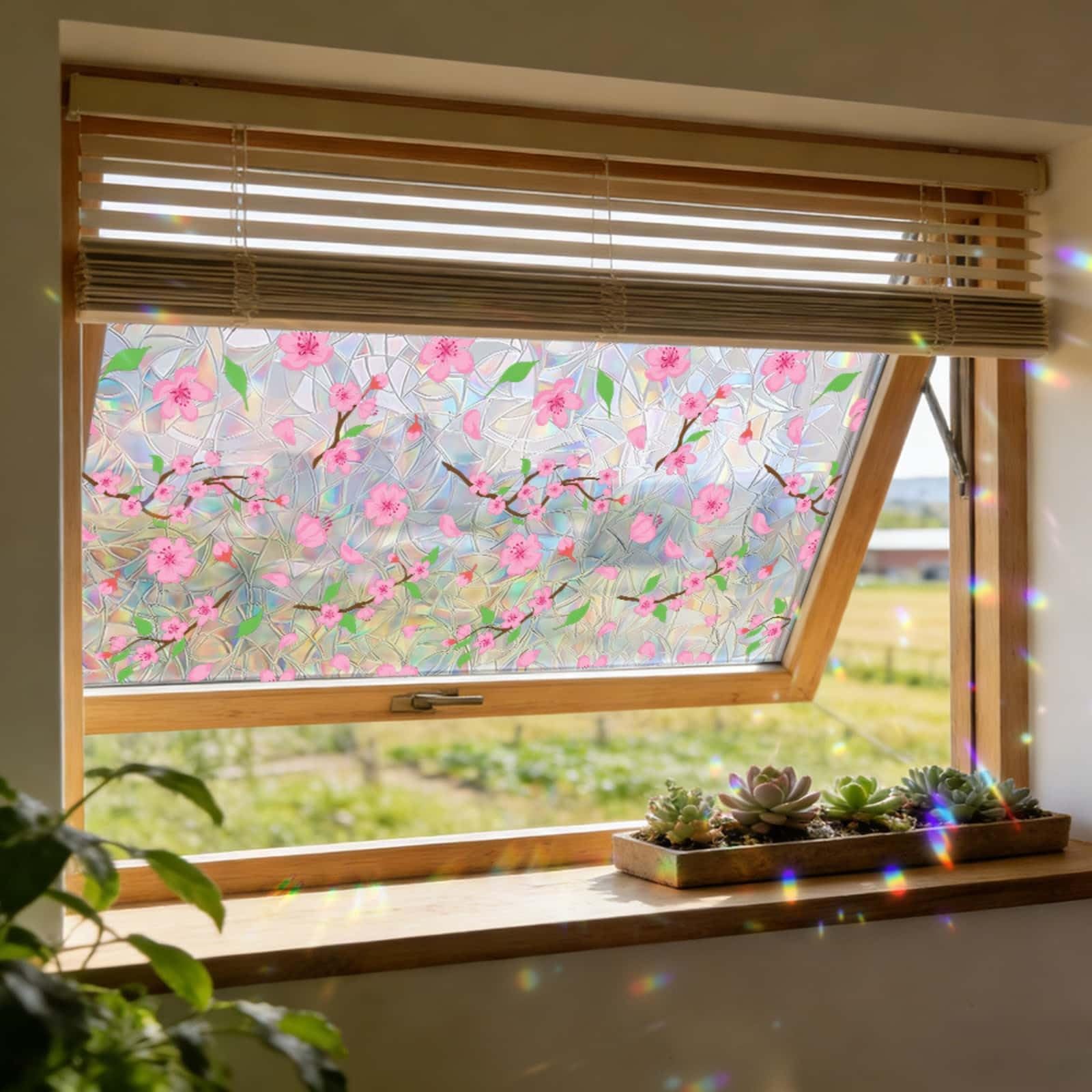 Window Film Privacy 43x100cm Plant Pink Green Privacy Film for Glass Windows Office Kitchen Living Room Bathroom Opaque Reusable Window Stickers for Glass