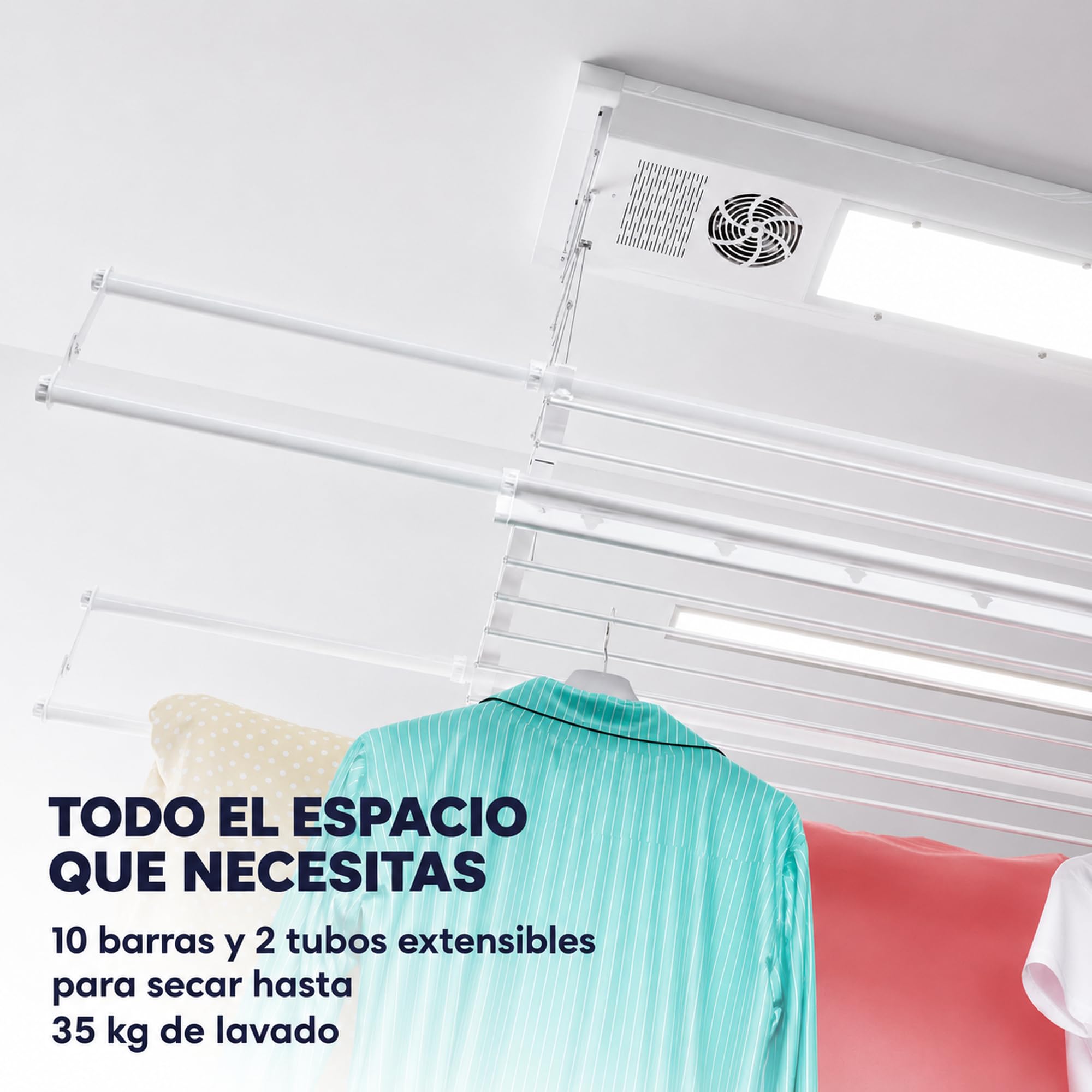 foxydry Air, tendedero eléctrico de Techo, con Mando, 122 cm | ahorra espacio, de aluminio, motorizado, extensible, apto para sábanas, soporta 35 kg, gris