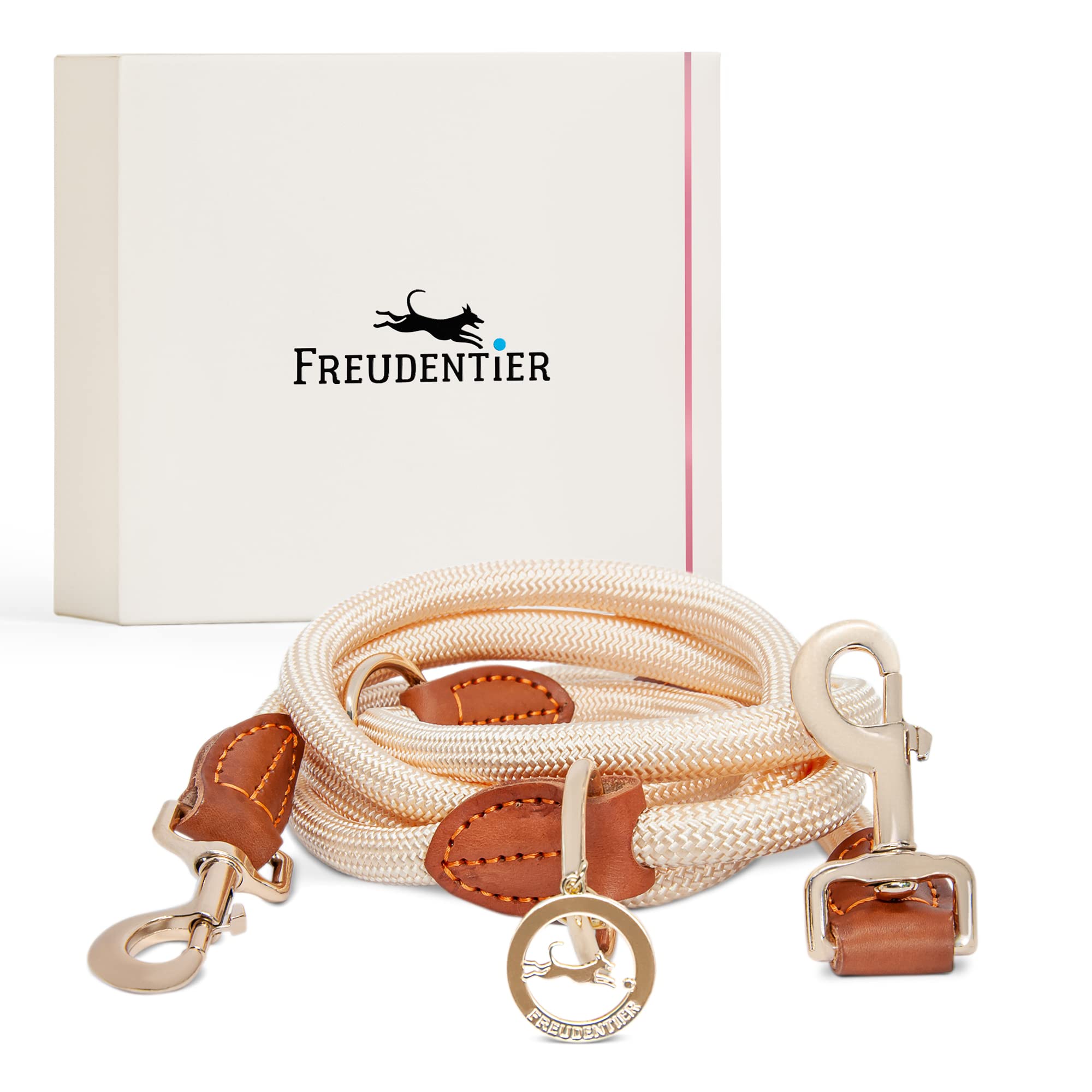 Freudentier Harmony Sand Round Lead for Large Dogs, 2 m Long and 3-Way Adjustable, Stylish Rounded with Brown Leather Elements