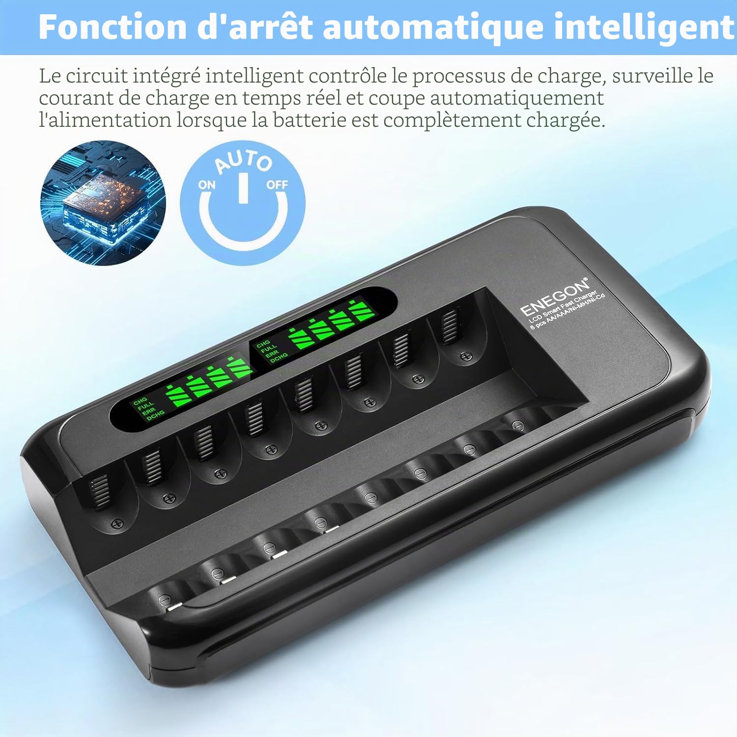 ENEGON Chargeur de Piles Rechargeables AA AAA avec Écran LCD – 8 Slots Indépendants – Chargeur Rapide Intelligent Ni-MH/Ni-CD avec Protection – Adaptateur Secteur 100-240V