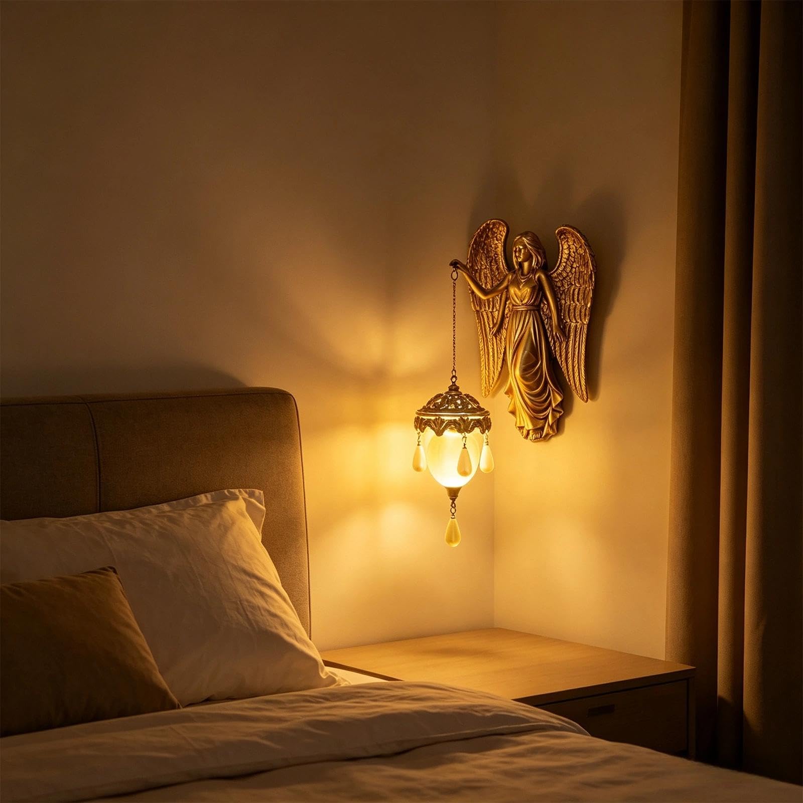 Elfenfigur Wandlampe,Engel Statue mit LED Hängelaterne,Meerjungfrau Wandleuchte Deko,Feen Wanddekoration für Wohnzimmer Schlafzimmer Flur Eingangsbereich Büro,Geschenkidee für Frauen(Stil 1)