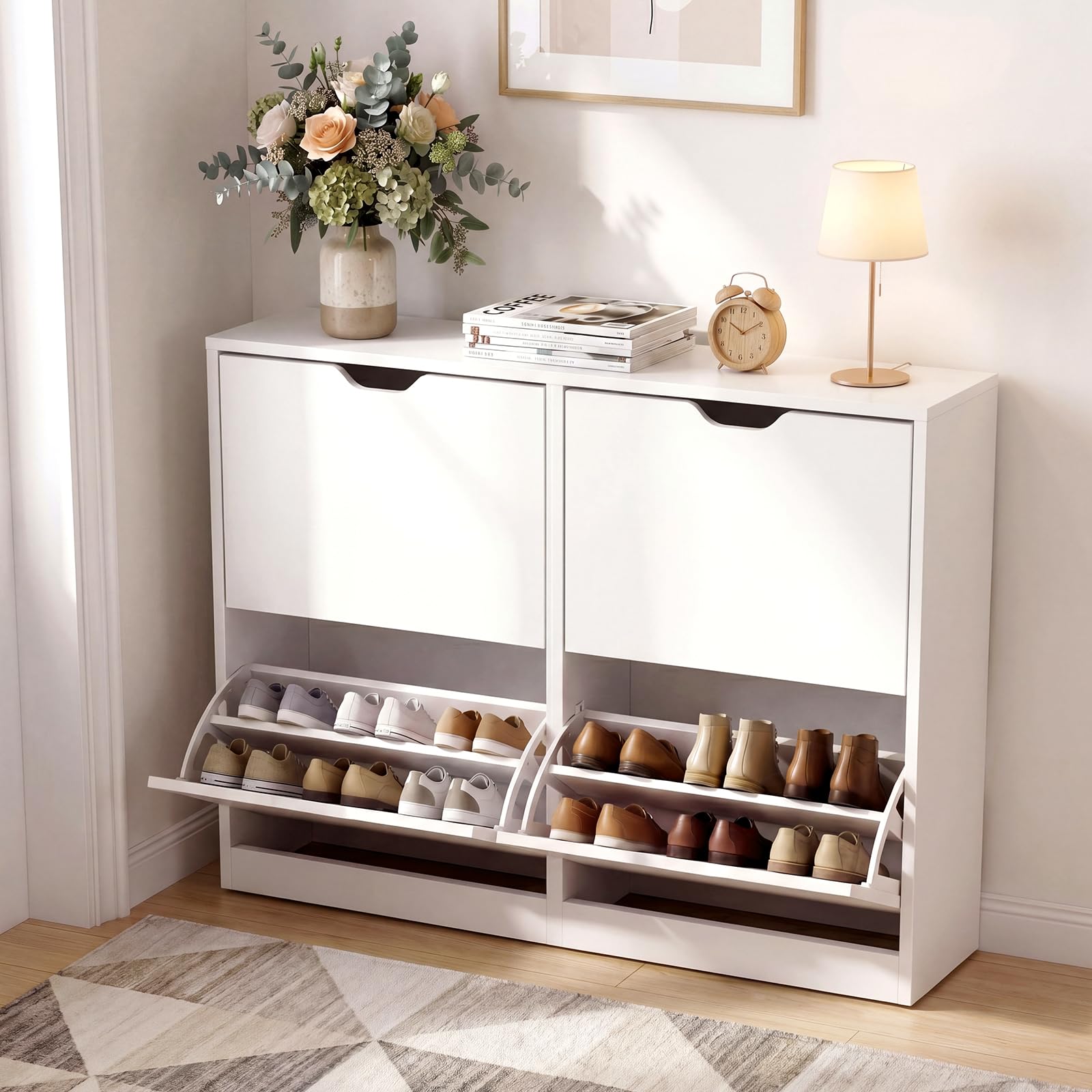 VOWNER Scarpiera Slim, Scarpiera Portascarpe in Legno, Regolabili, con 4 Ante a Ribalta e Doppia Profondita, Ingresso, 80x102x24 cm (LxAxP), Bianco
