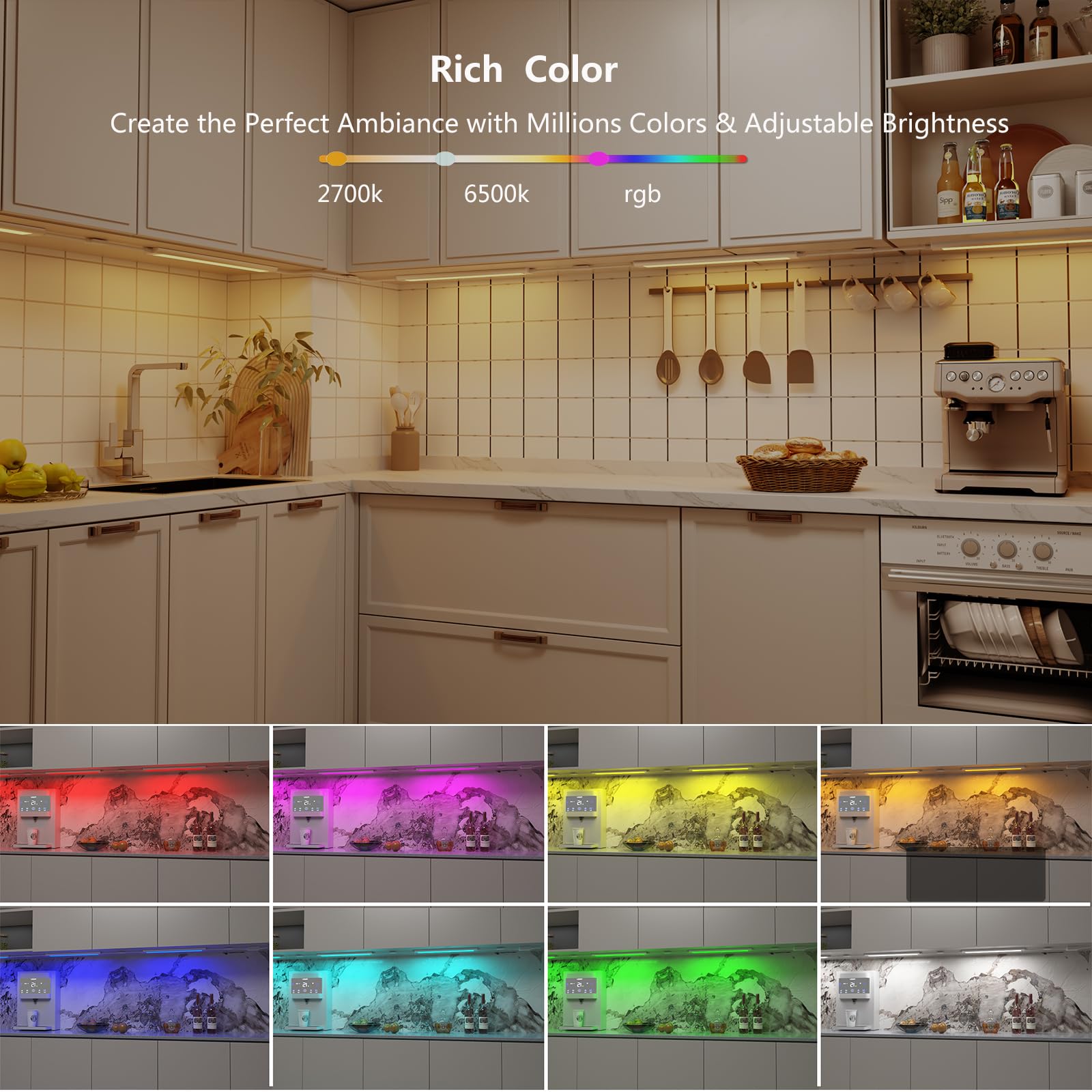 Luces debajo del mostrador para cocina, tiras de luz RGB enchufables para estantería, luces de pared, iluminación sobre gabinete, luces LED enlazables, compatible con Alexa, Google Assistant, control