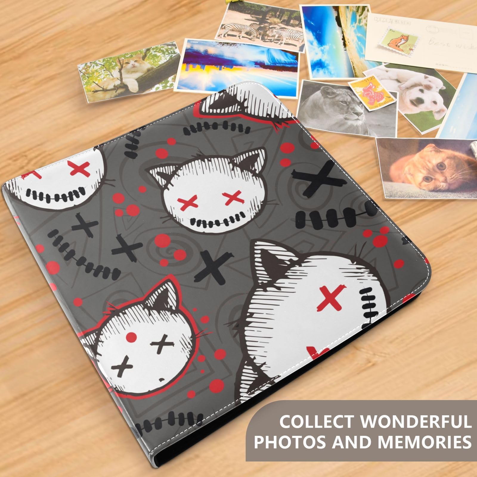 Álbum de fotos autoadhesivo, diseño de cabezas de gato y gotas de sangre, color gris, para 4 x 6 pulgadas