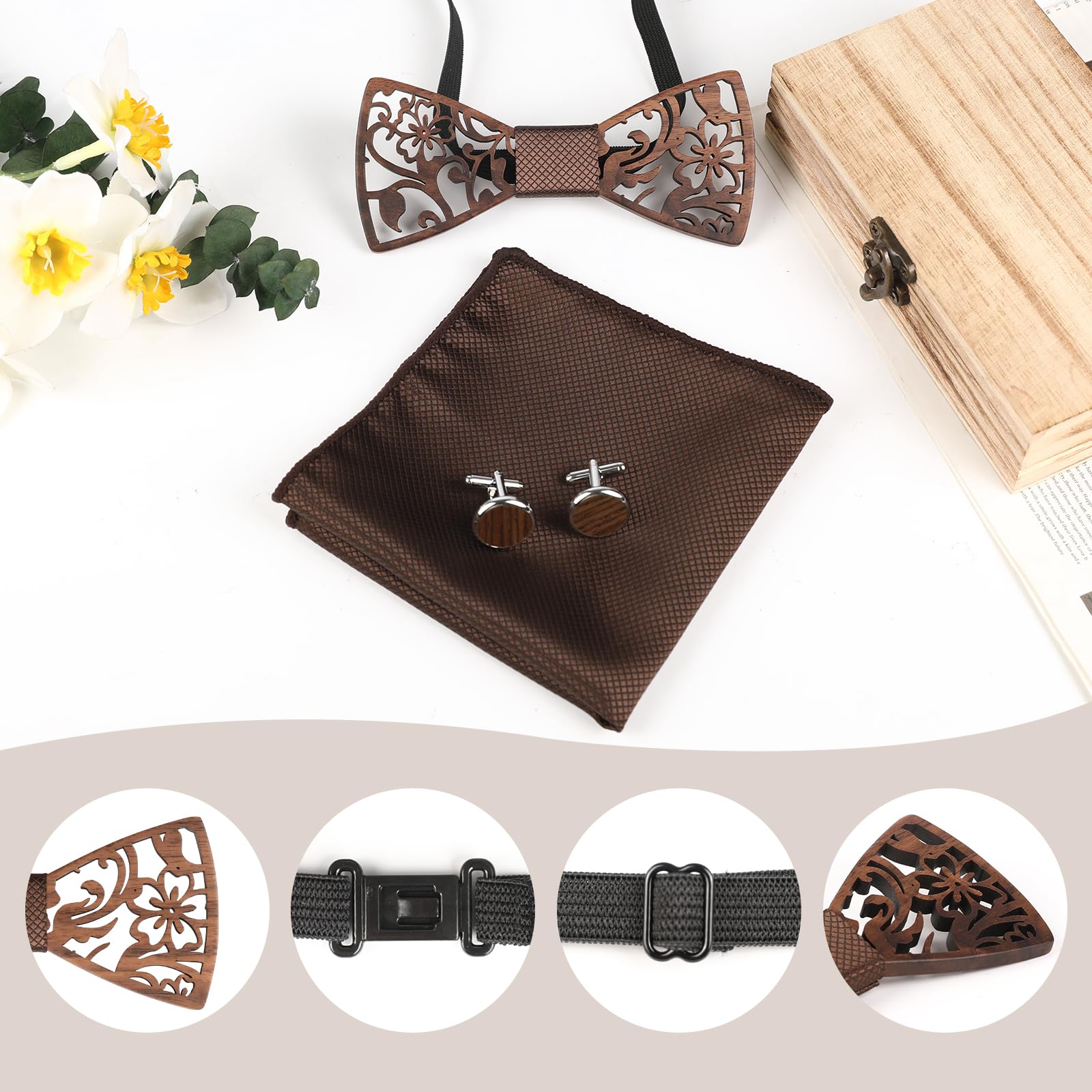 Mr.Van Noeud Papillon Bois les hommes, Naturel Noir Noyer Creux Sculpture Fleurs, Coffret en Bois (comprenant Boutons de Manchette,Mouchoir et Noeud papillon) pour Groomsman de Mariage Business