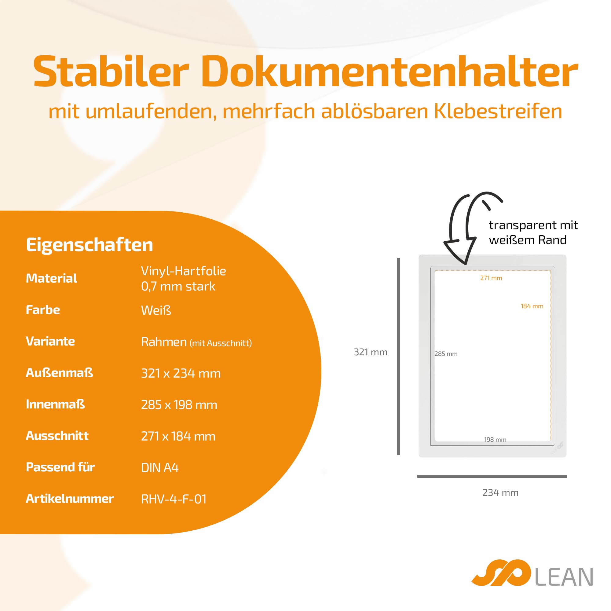 spLEAN 5 Stück Dokumentenhalter klebend mehrfach ablösbar DIN A4, Rahmen, weiß, Aushang aus stabiler Vinyl-Hartfolie Stärke 0,70 mm, Made in Germany