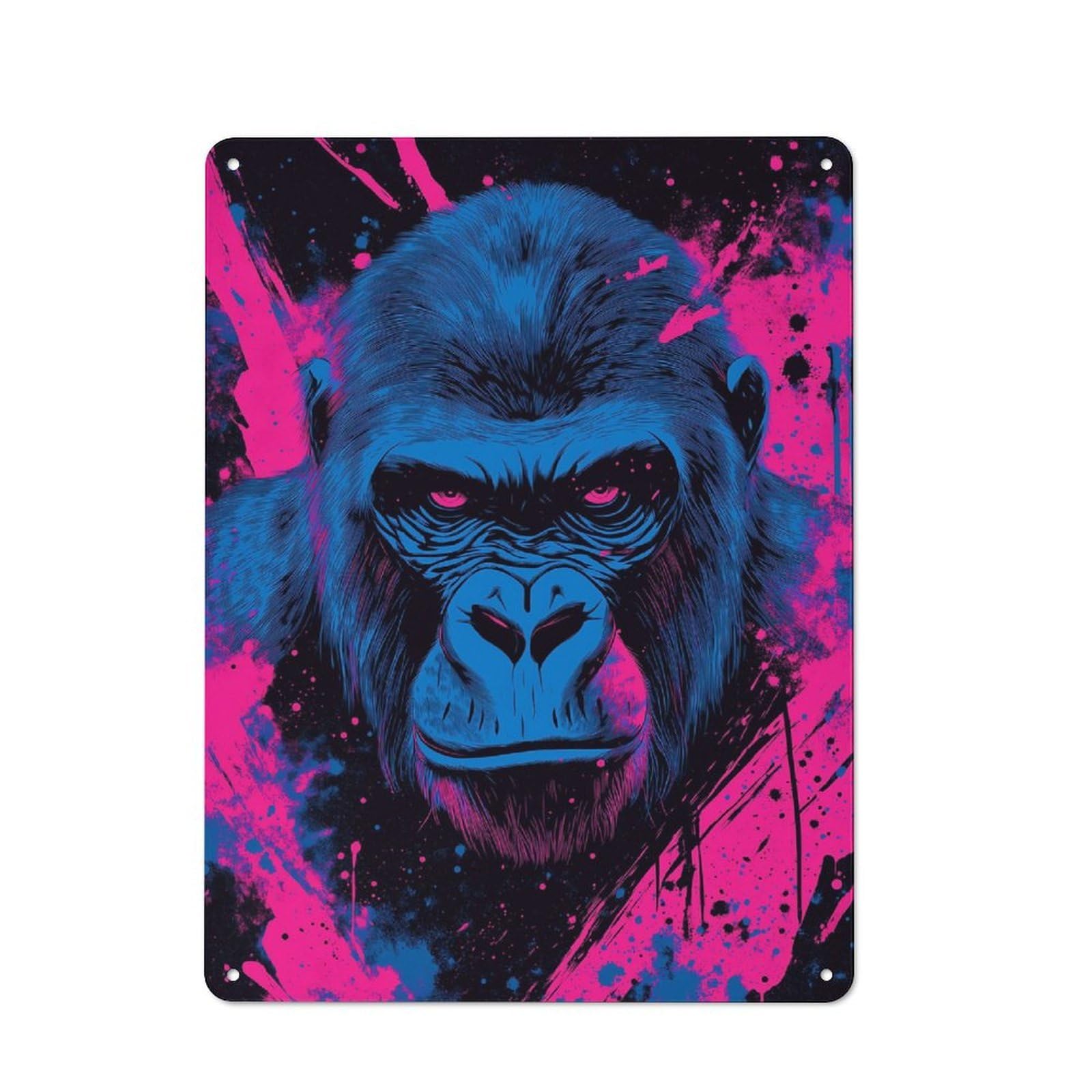 Junmoney Blue Gorilla With Pink Splatter Art Rustic Metal Wall Sign 40X30cm For Café Or Restaurant, Gift Idea At Christmas For Café Owners And Decorators