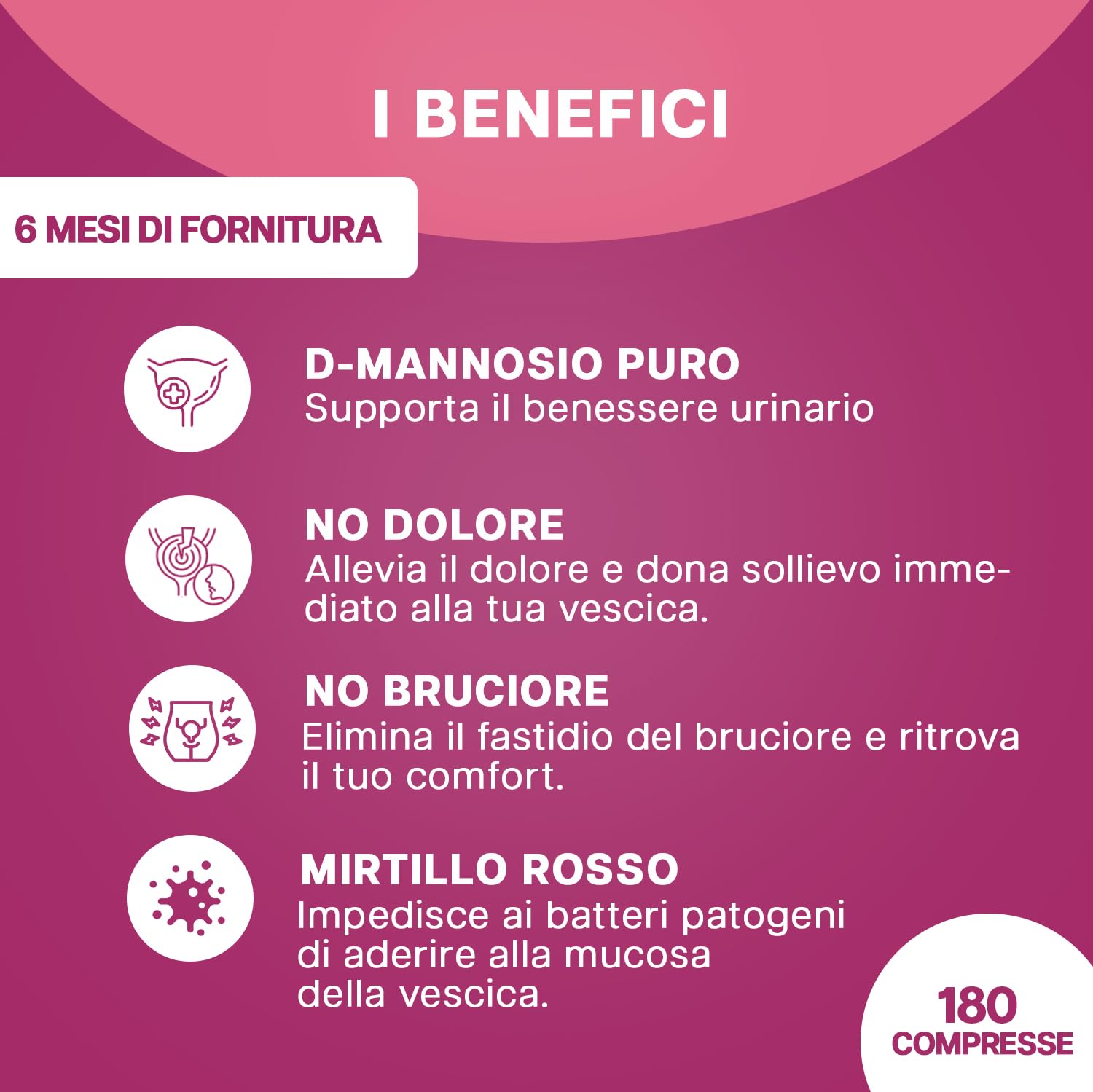 D-MANNOSIO (Dura 6 Mesi) 180 Compresse Alto Dosaggio e Assorbimento I D-Mannosio Da 500 mg. + Mirtillo Rosso E.S. Da 40 mg. | Senza Glutine, Lattosio, Zuccheri e Soia