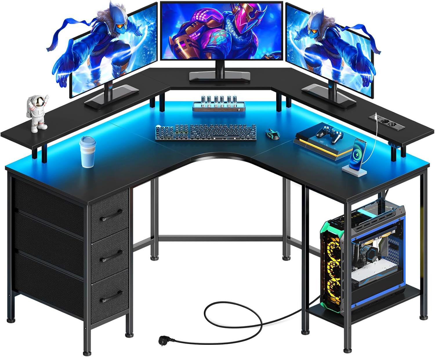 Seventable L-förmiger Gaming Schreibtisch mit LED-Beleuchtung &amp; Steckdosen, Eckschreibtisch mit 3 Stoffschubladen &amp; Ablage, Computertisch für Home Office &amp; PC-Gaming,Schwarz,135×135×88 cm