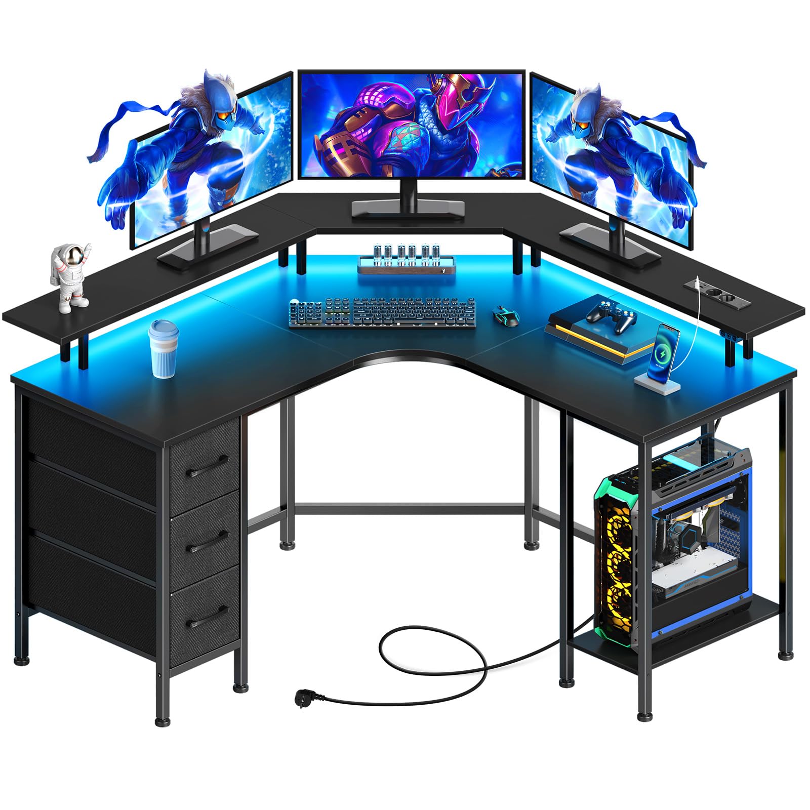 Seventable Bureau Gaming d'angle en L avec Rangement, 119 x 119 cm - Bureau PC Gamer avec 3 Tiroirs, LED RGB, Prises Intégrées (AC/USB/Type-C), Bureau d'Ordinateur Réversible, Noir