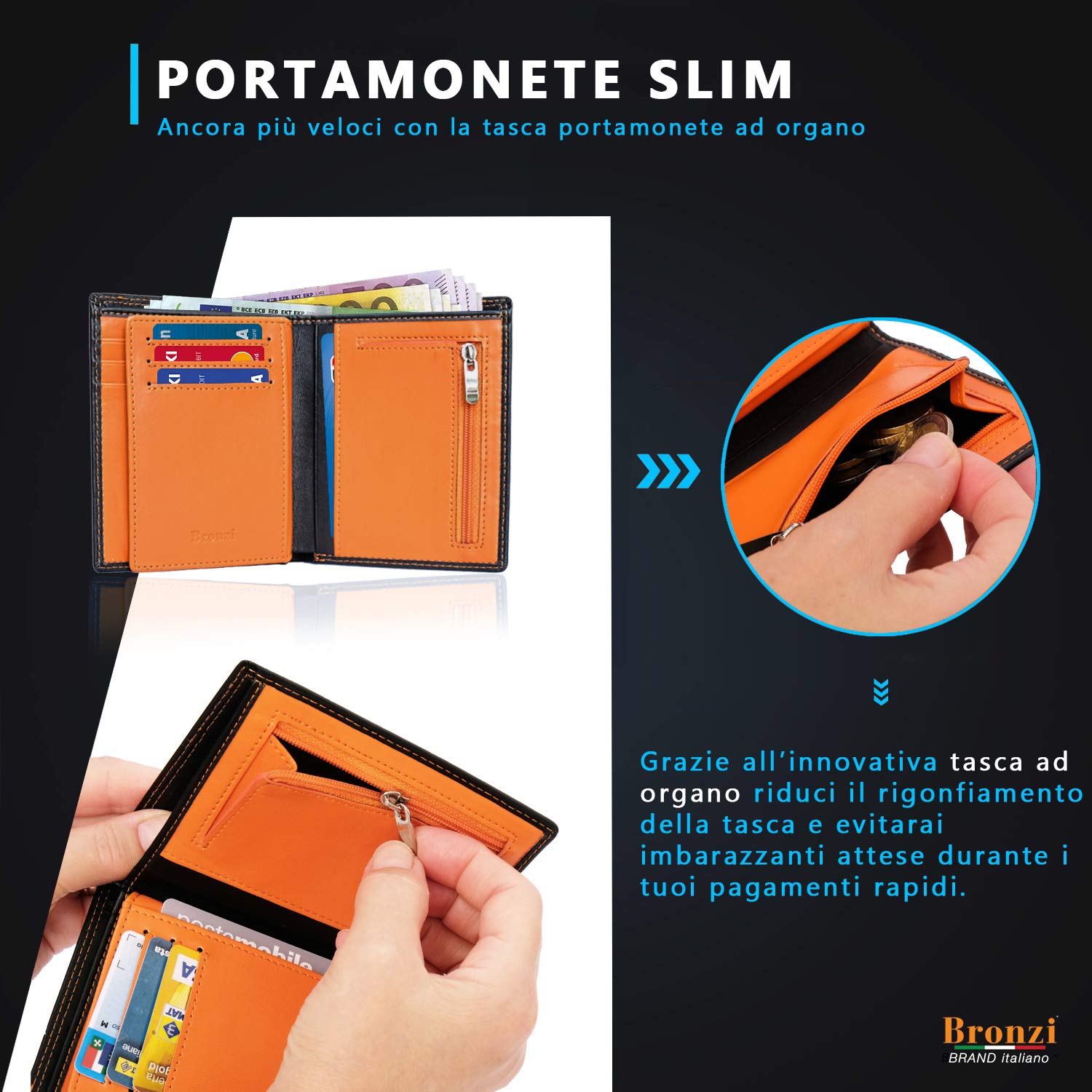 Bronzi Portafoglio Uomo Slim Sottile Elegante - Mini Porta Tessere Porta Documenti Porta Carte Di Credito Blocco RFID - Nero Pelle Alta Qualità - Design Italiano - I Regalo