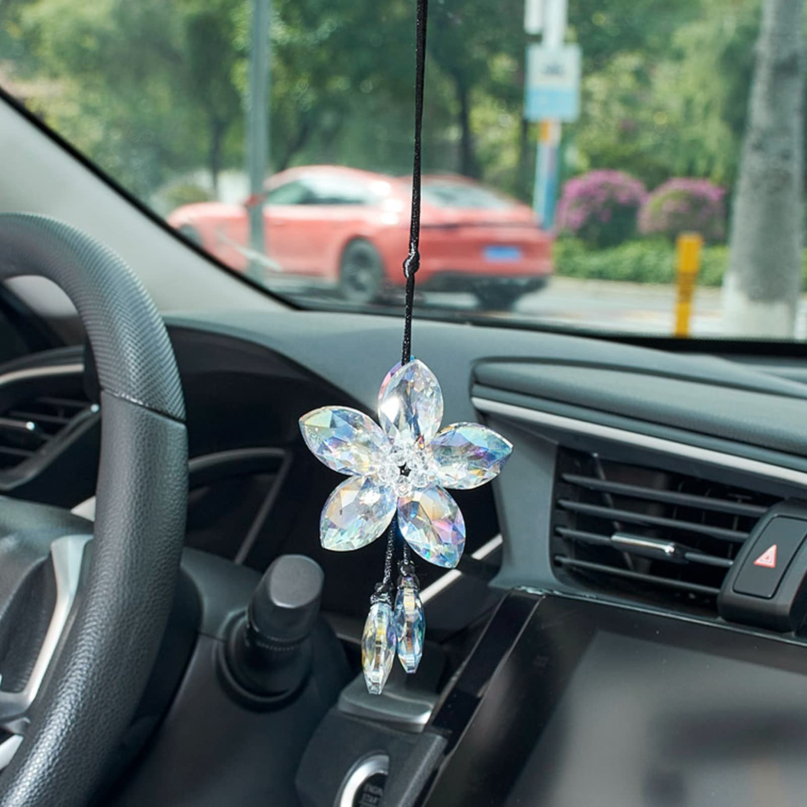 AuMoHall Crystal Flower Rear View Mirror Pendant Hanging Ornament Lucky Car Accessories, Colorful Green